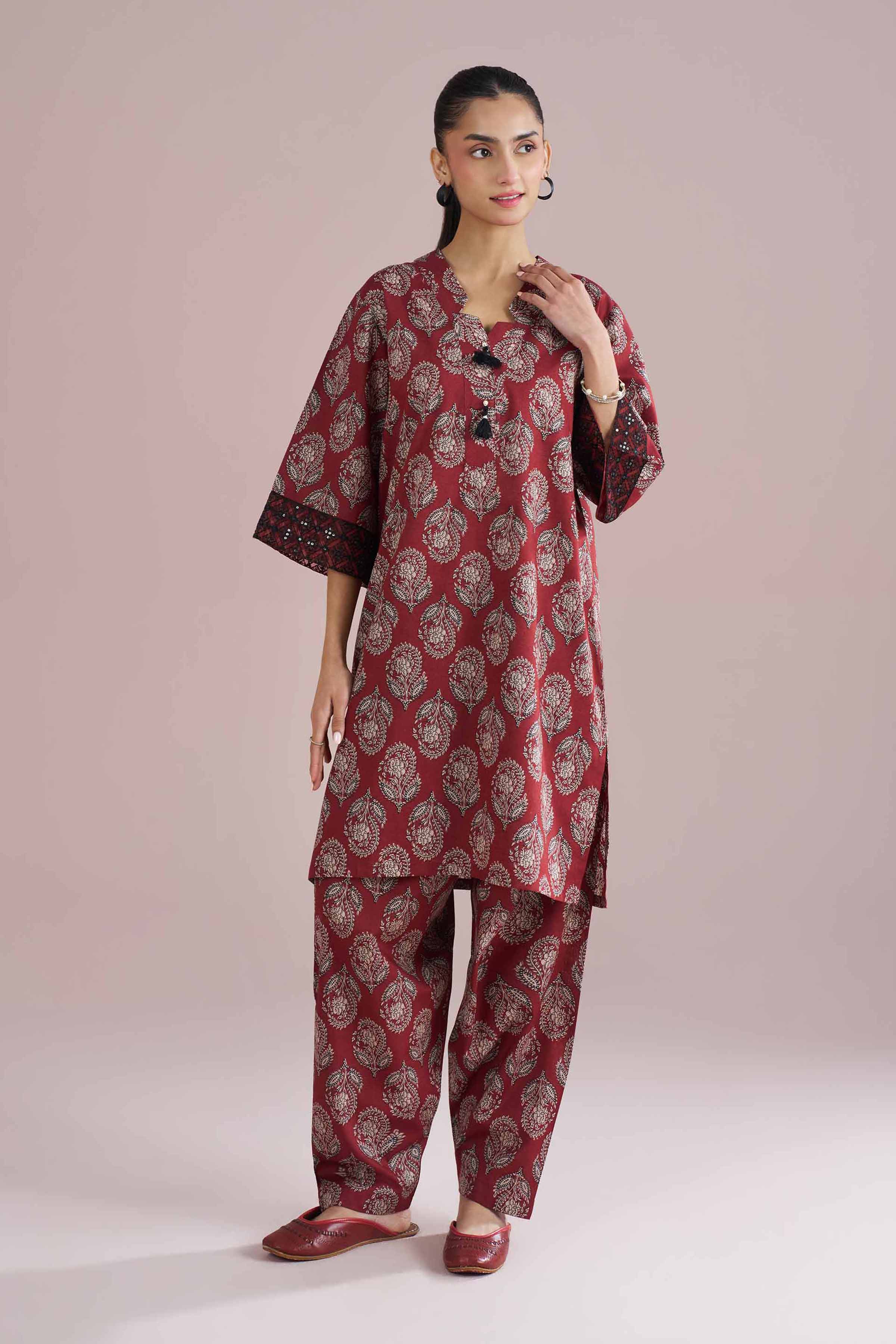 2 Piece - Printed Embroidered Suit - PE26-203 Red Cambric 2PC Embroidered READY TO WEAR