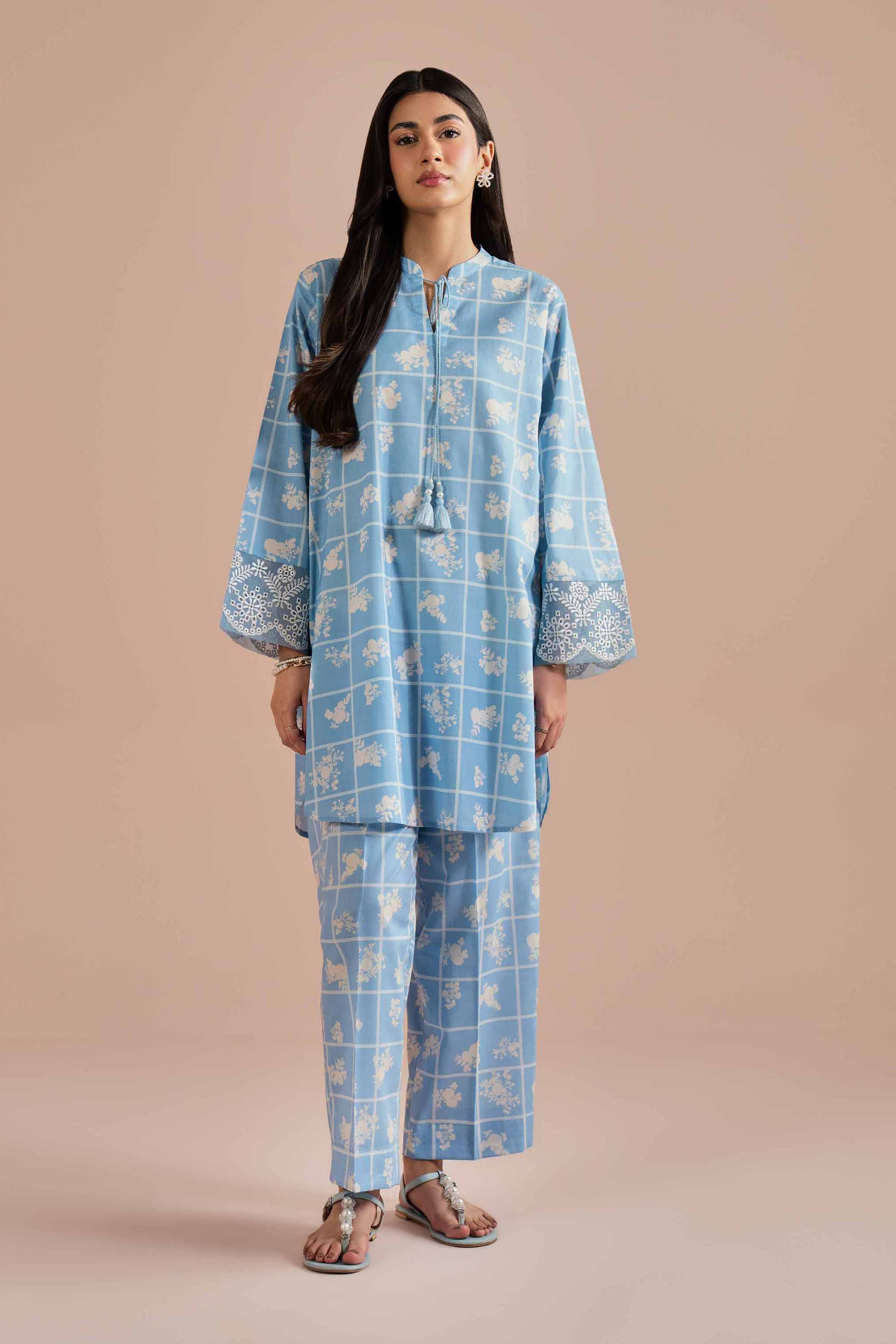 2 Piece - Printed Embroidered Suit - PE26-204 Blue Cambric 2PC Embroidered READY TO WEAR