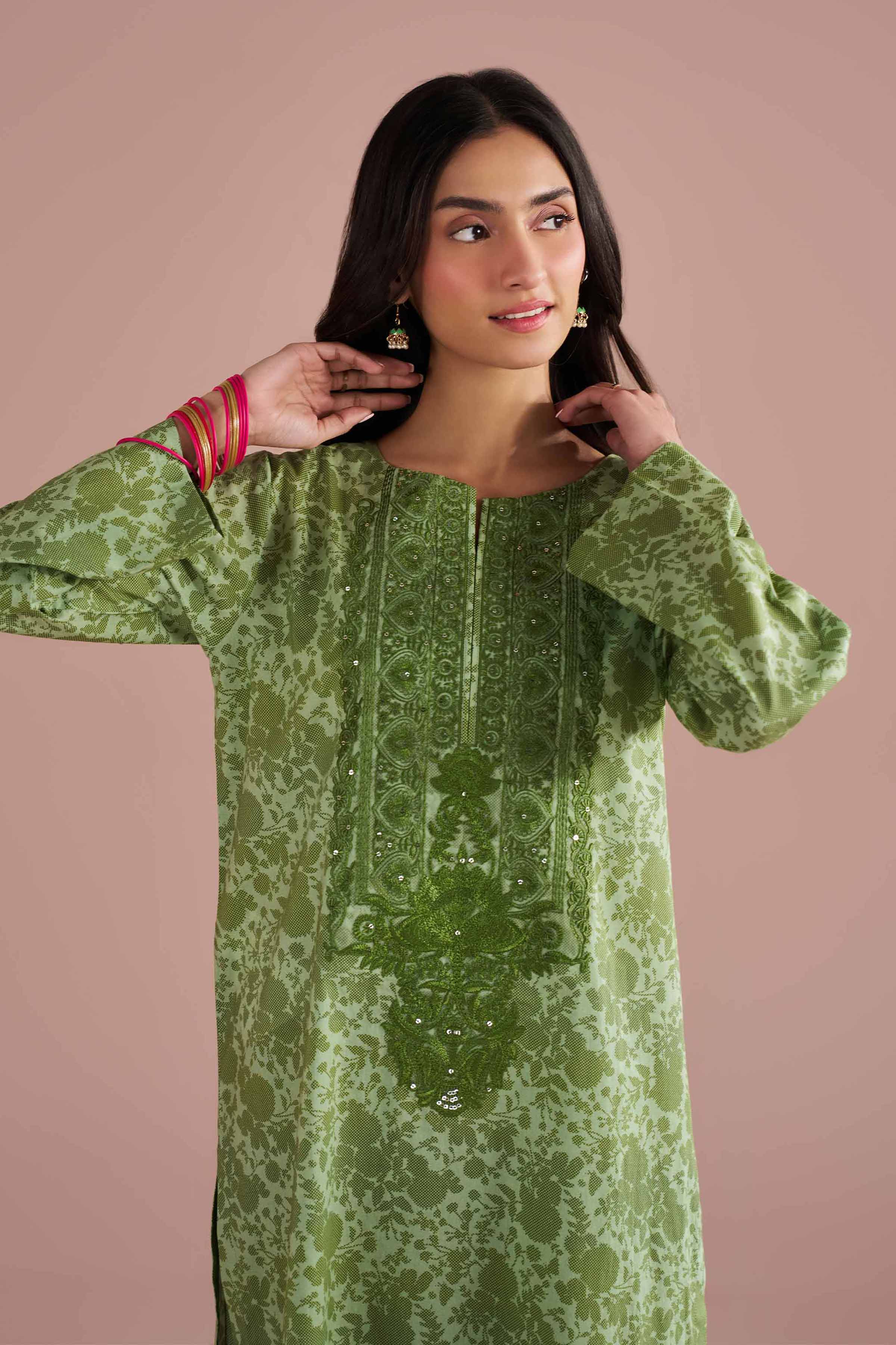 2 Piece - Printed Embroidered Suit - PE26-205 Green Cambric 2PC Embroidered READY TO WEAR