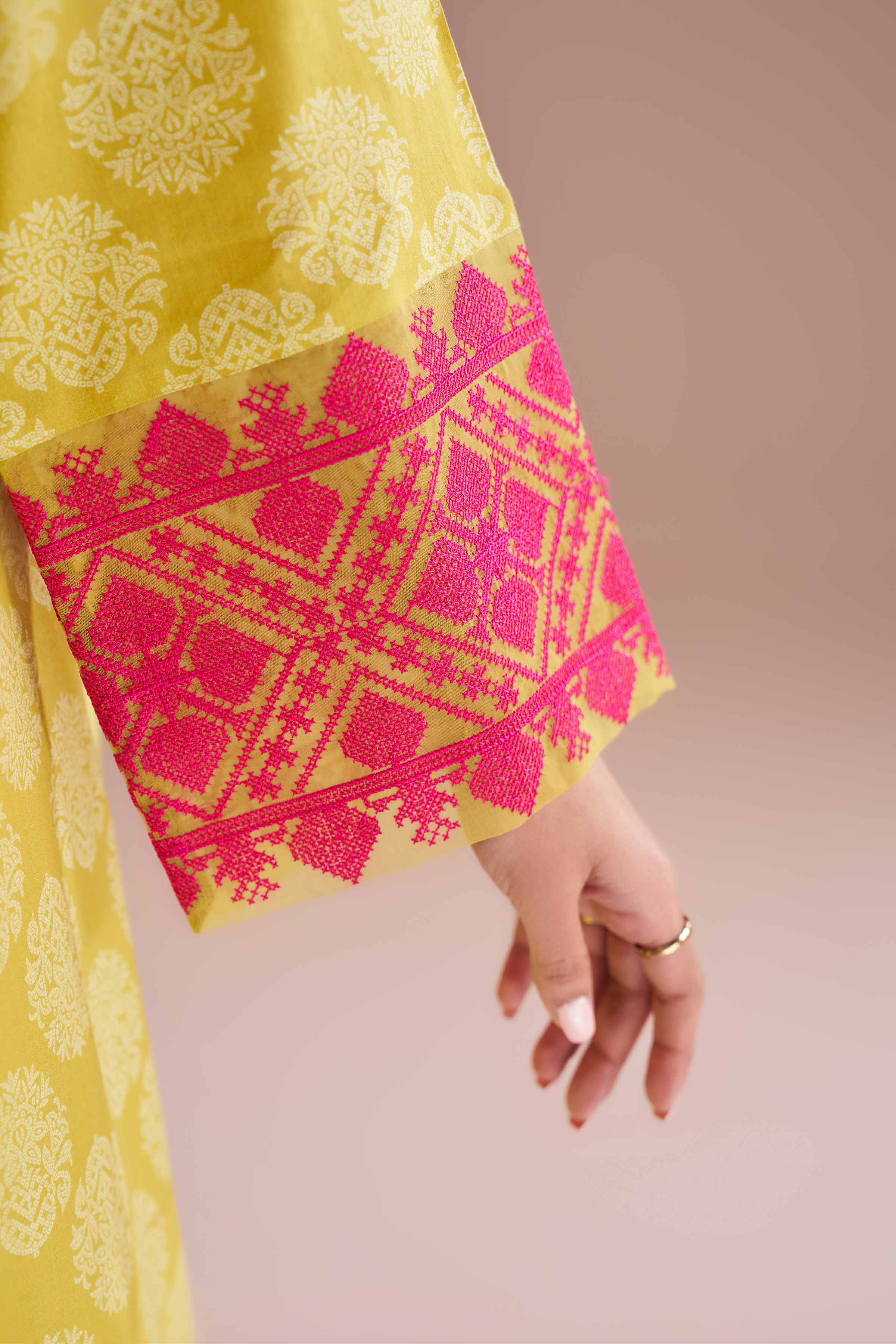 2 Piece - Printed Embroidered Suit - PE26-208 Yellow Cambric 2PC Embroidered READY TO WEAR