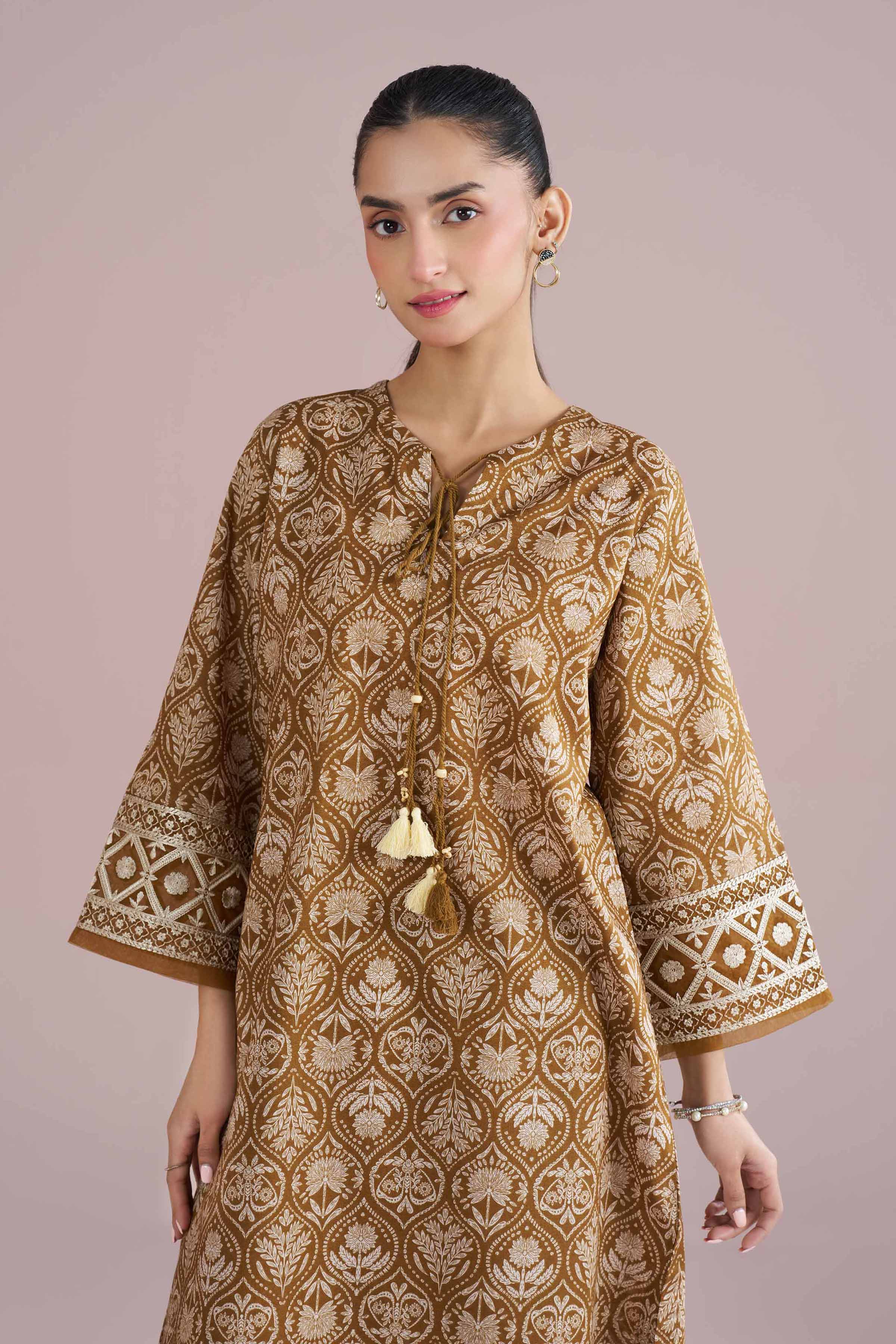 2 Piece - Printed Embroidered Suit - PE26-212 Brown Cambric 2PC Embroidered READY TO WEAR