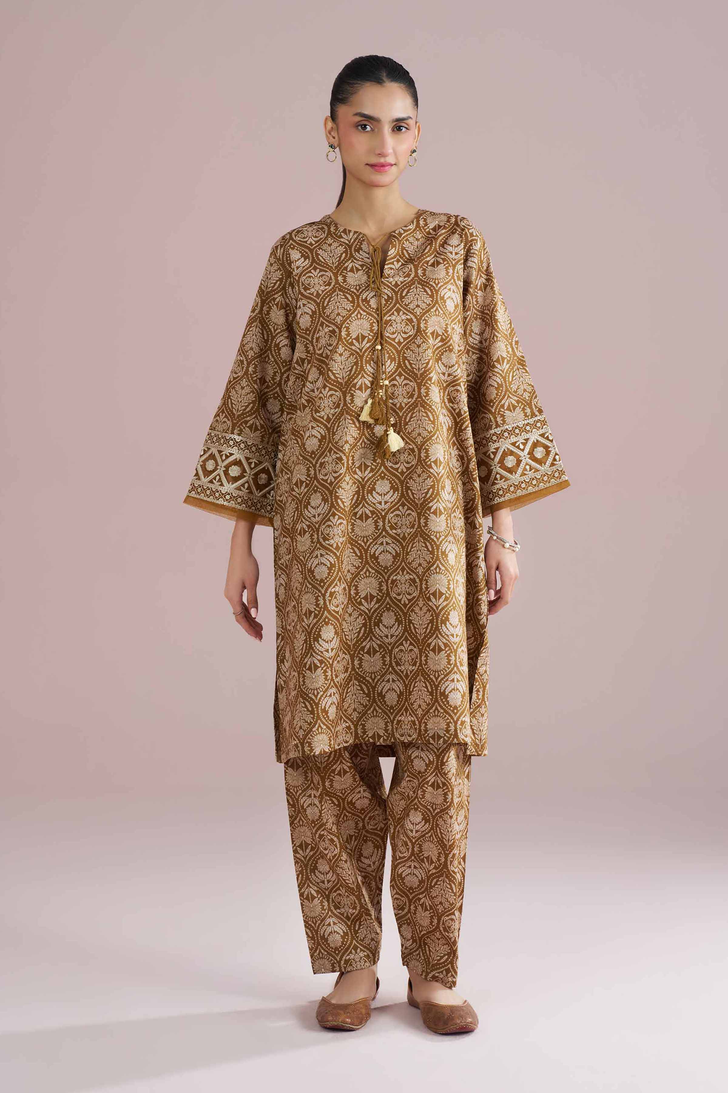 2 Piece - Printed Embroidered Suit - PE26-212 Brown Cambric 2PC Embroidered READY TO WEAR