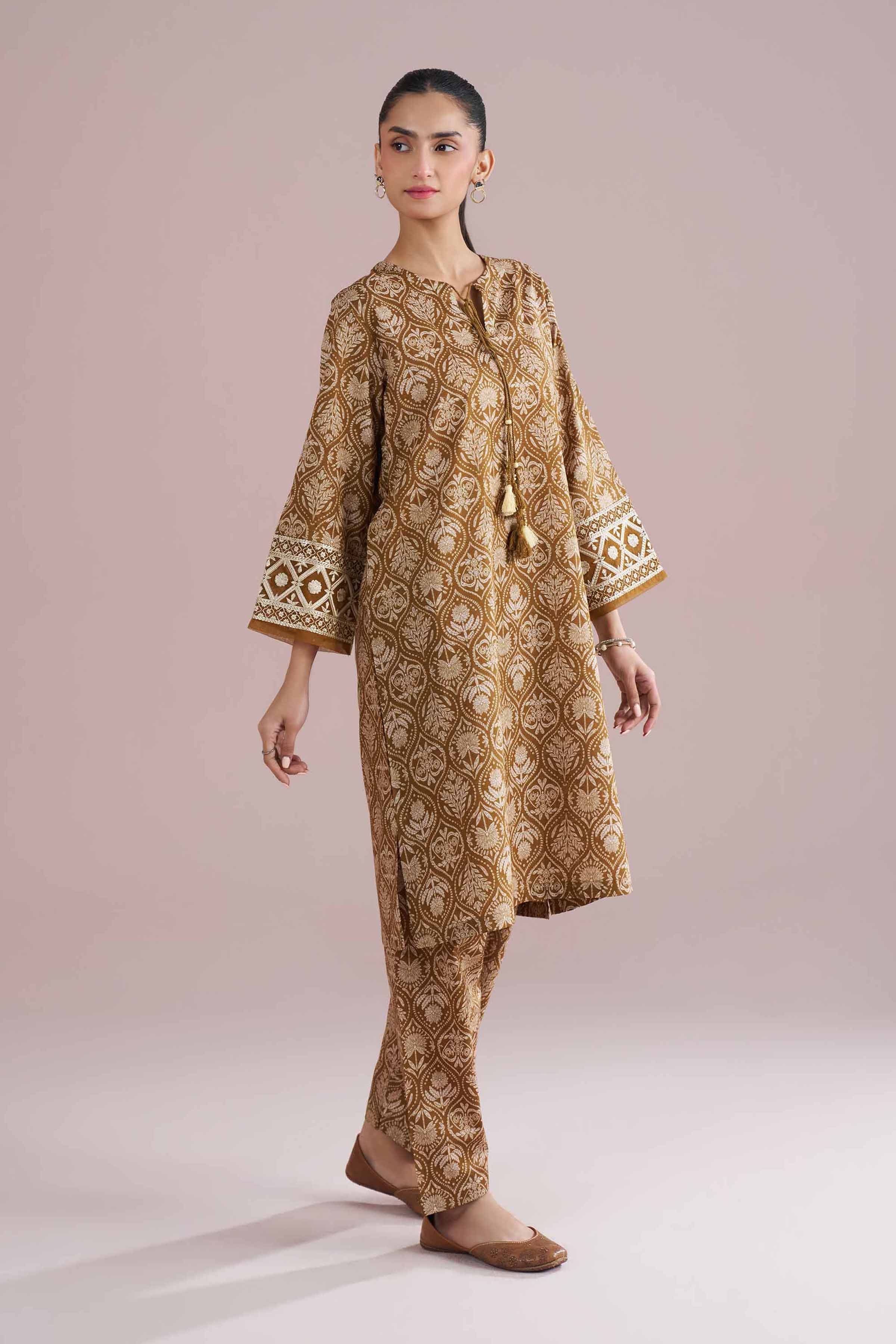 2 Piece - Printed Embroidered Suit - PE26-212 Brown Cambric 2PC Embroidered READY TO WEAR