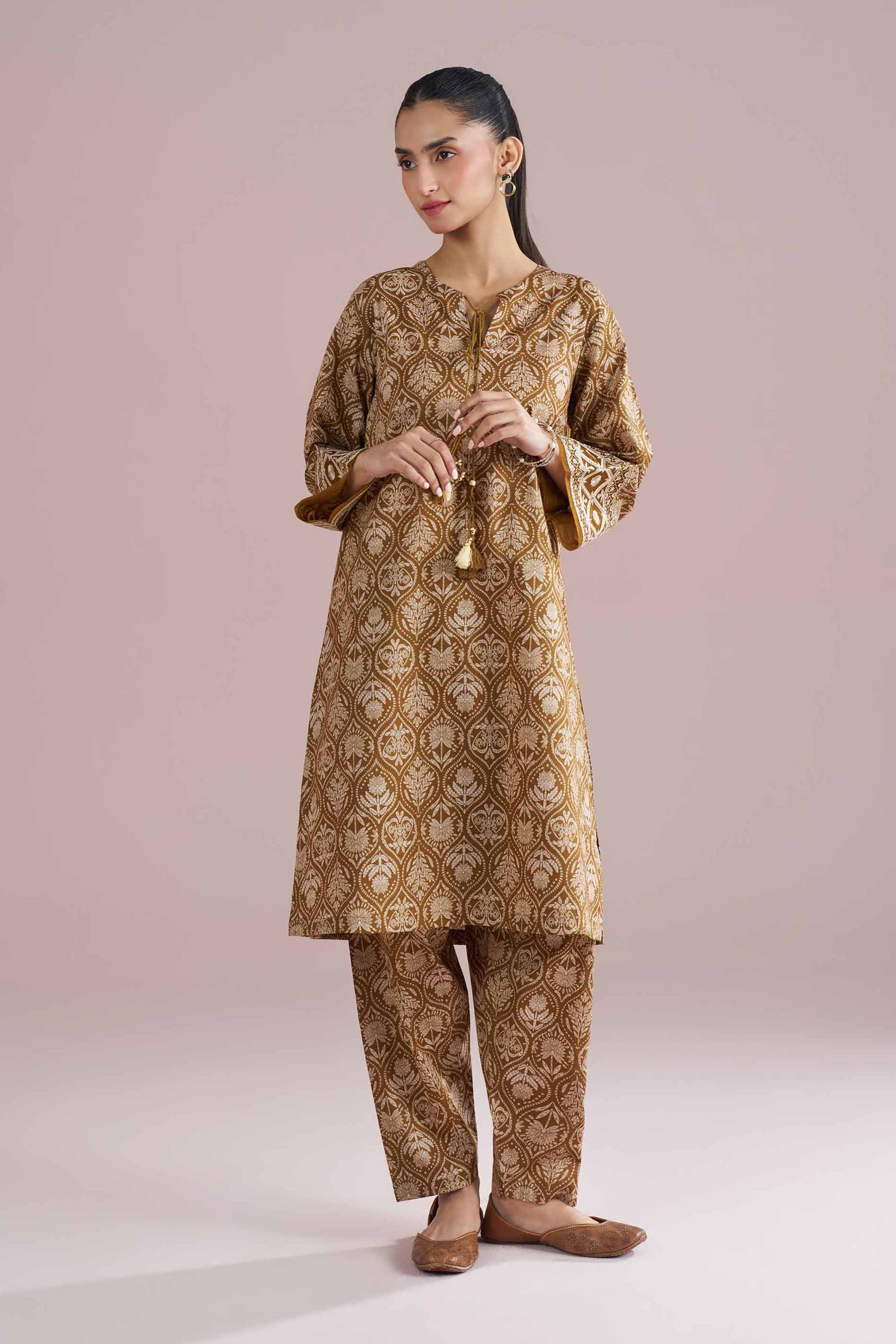 2 Piece - Printed Embroidered Suit - PE26-212 Brown Cambric 2PC Embroidered READY TO WEAR