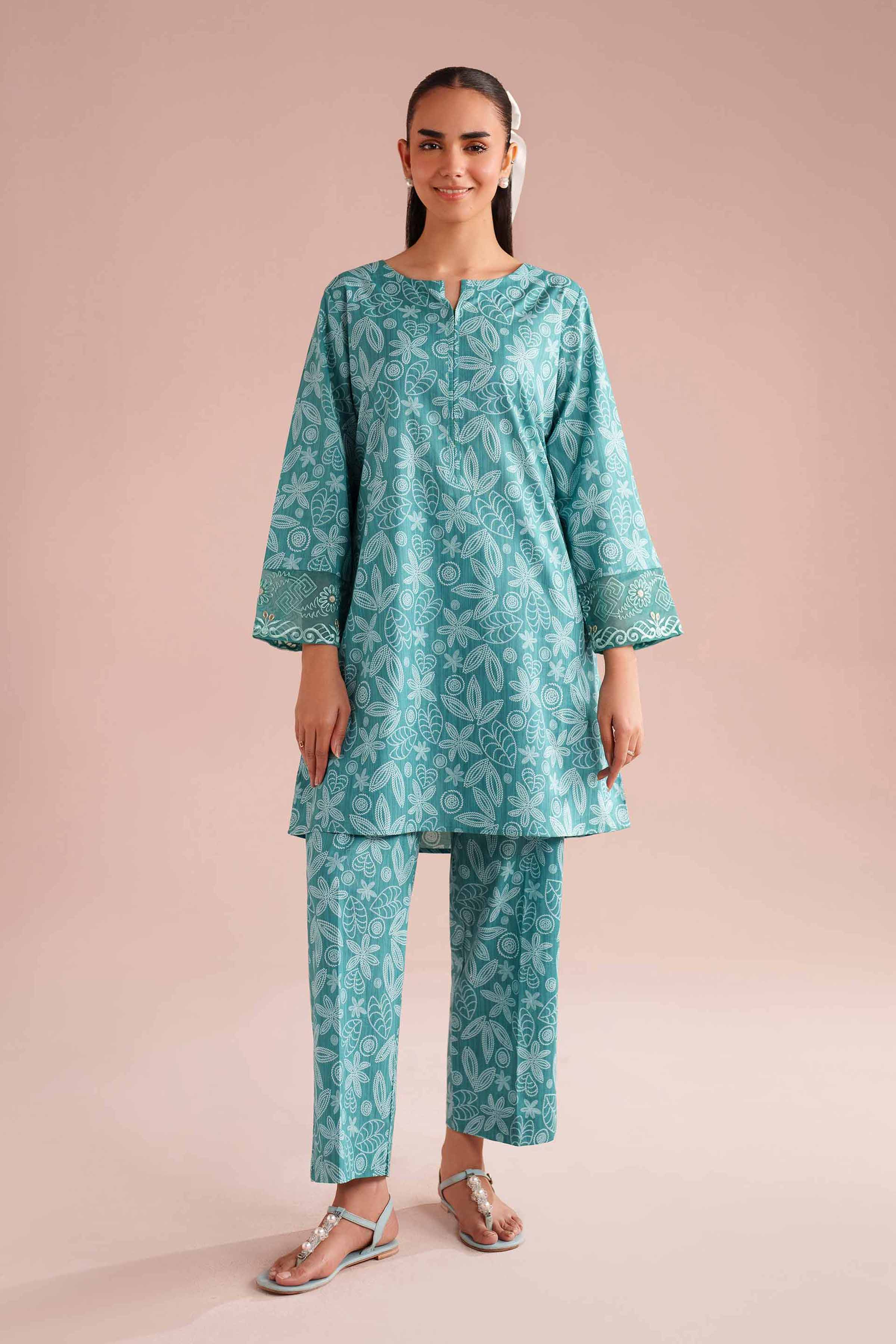 2 Piece - Printed Embroidered Suit - PE26-213 Green Cambric 2PC Embroidered READY TO WEAR