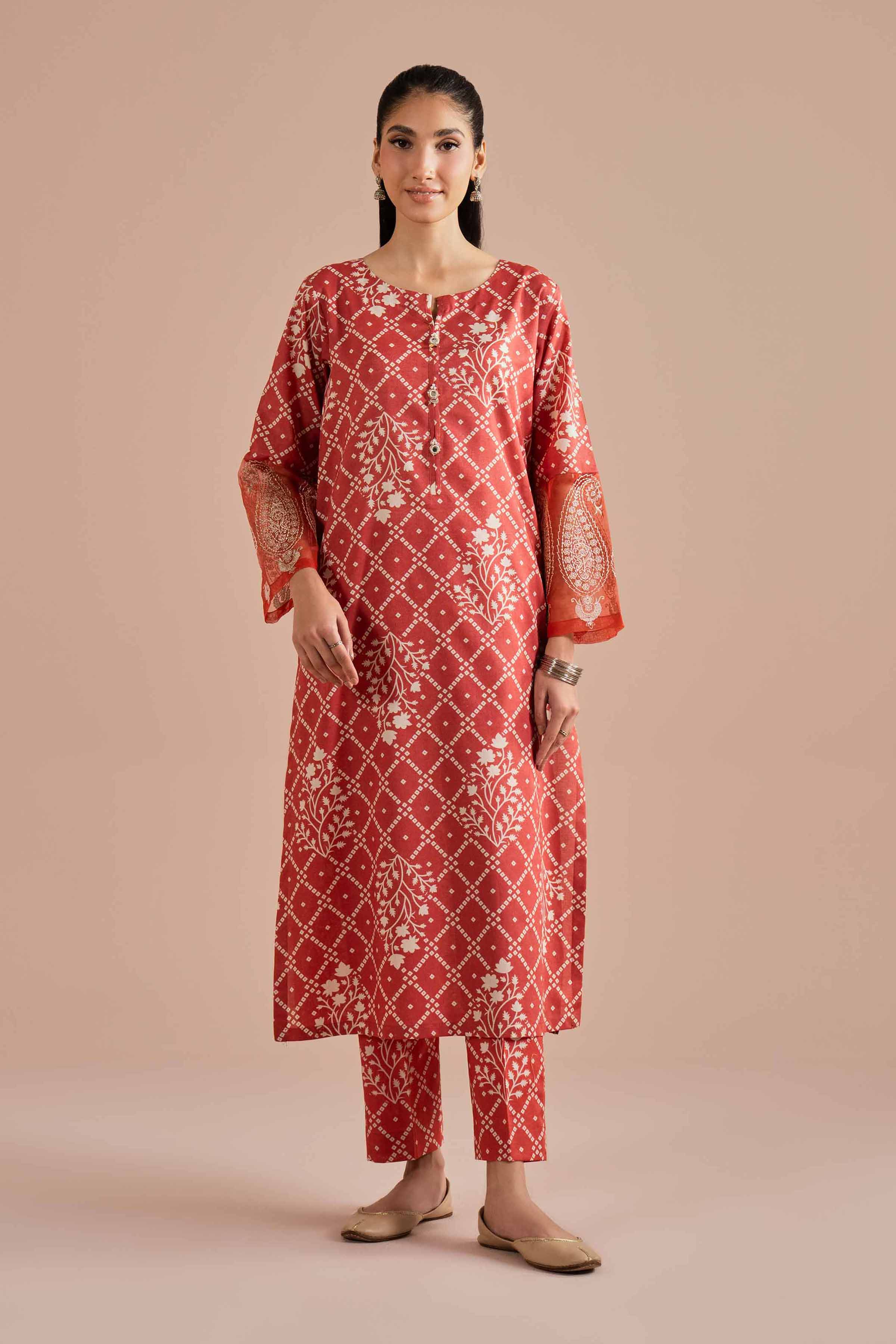2 Piece - Printed Embroidered Suit - PE26-216 Orange Cambric 2PC Embroidered READY TO WEAR