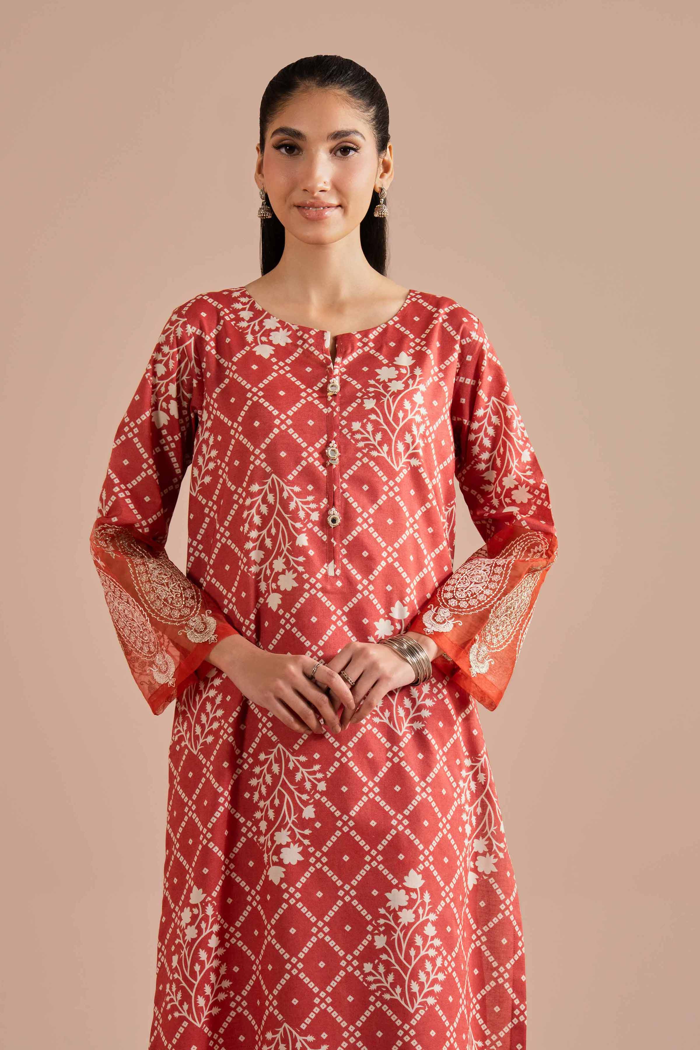 2 Piece - Printed Embroidered Suit - PE26-216 Orange Cambric 2PC Embroidered READY TO WEAR