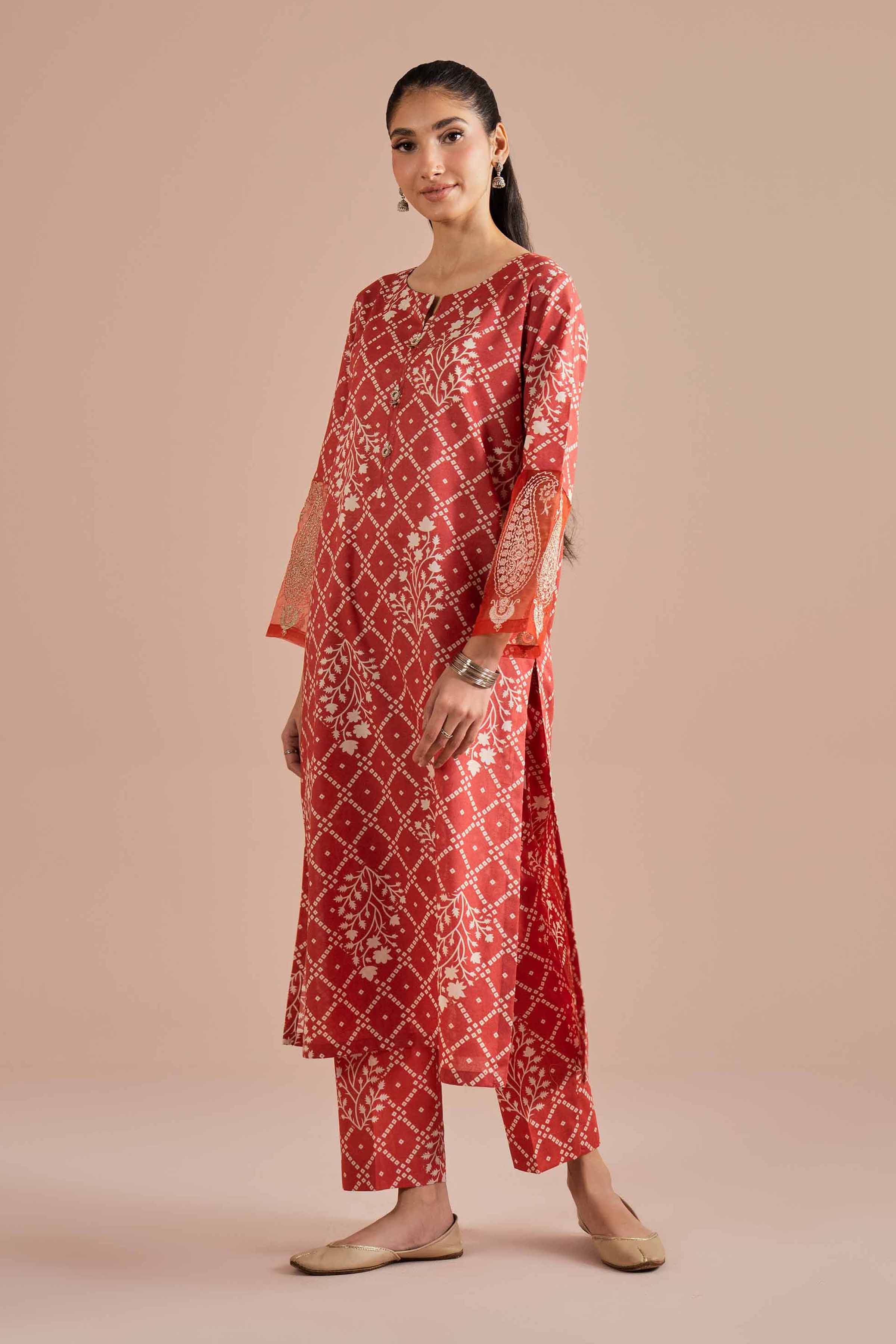 2 Piece - Printed Embroidered Suit - PE26-216 Orange Cambric 2PC Embroidered READY TO WEAR