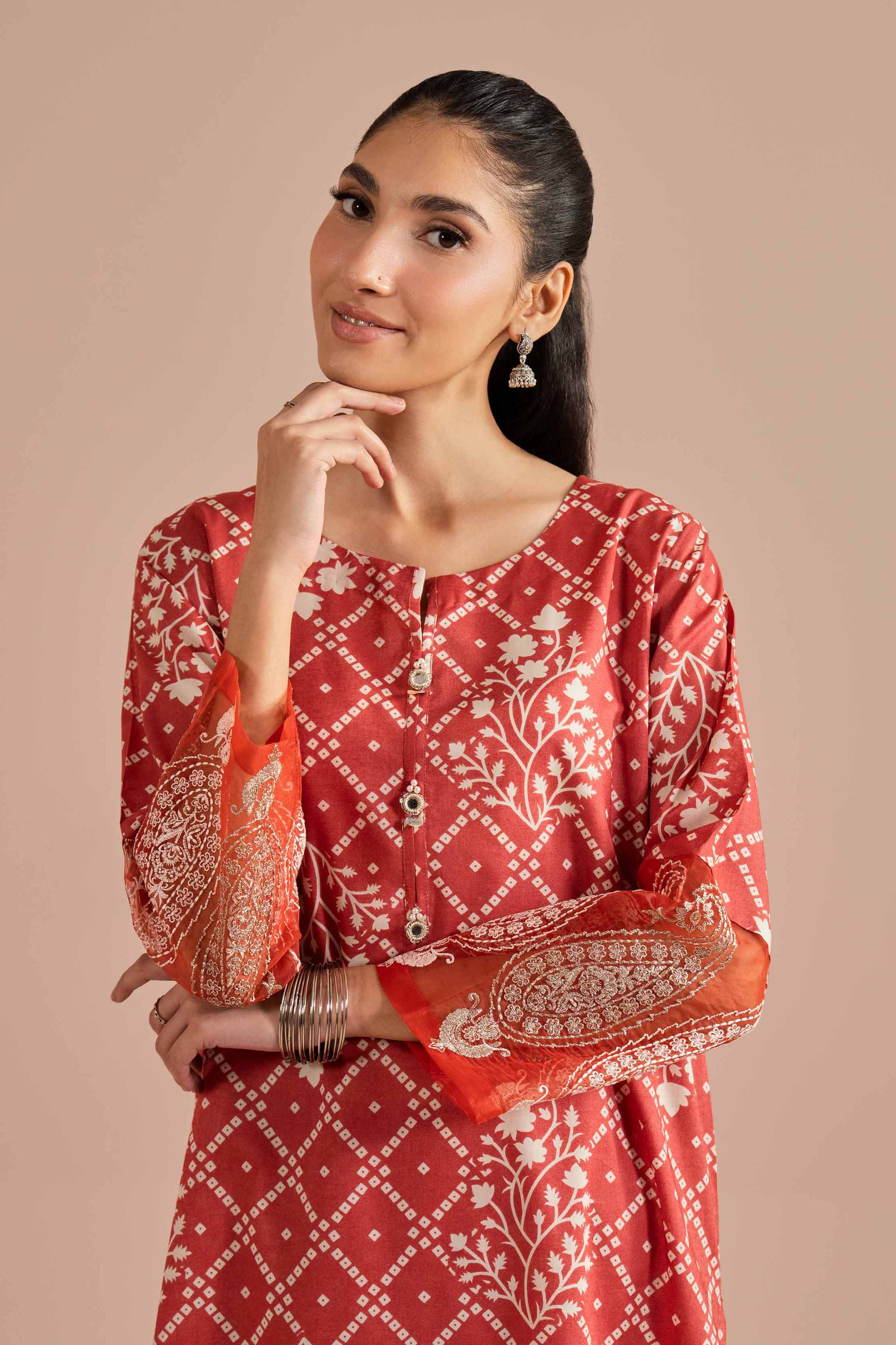 2 Piece - Printed Embroidered Suit - PE26-216 Orange Cambric 2PC Embroidered READY TO WEAR