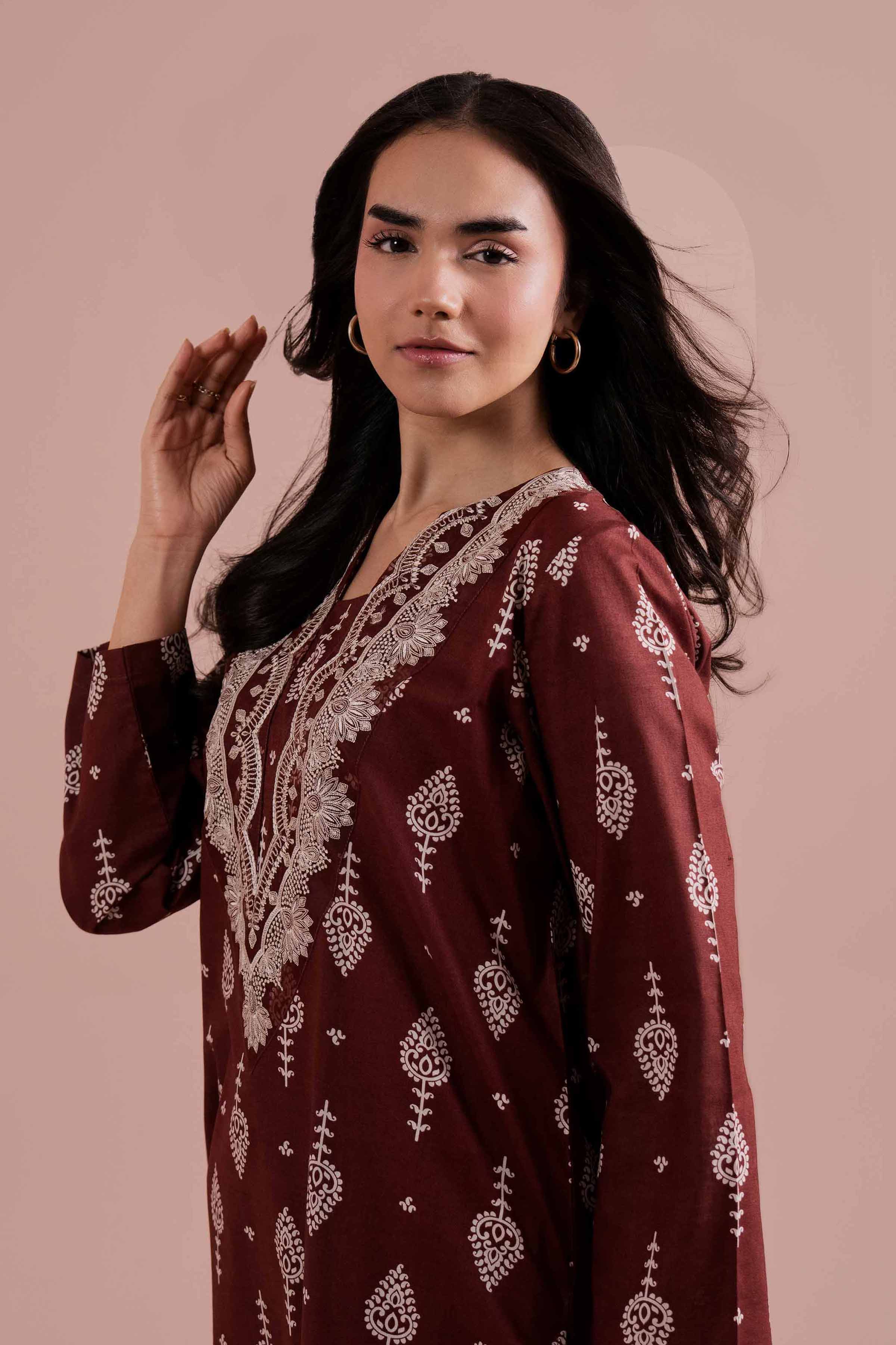 2 Piece - Printed Embroidered Suit - PE26-217 Brown Cambric 2PC Embroidered READY TO WEAR
