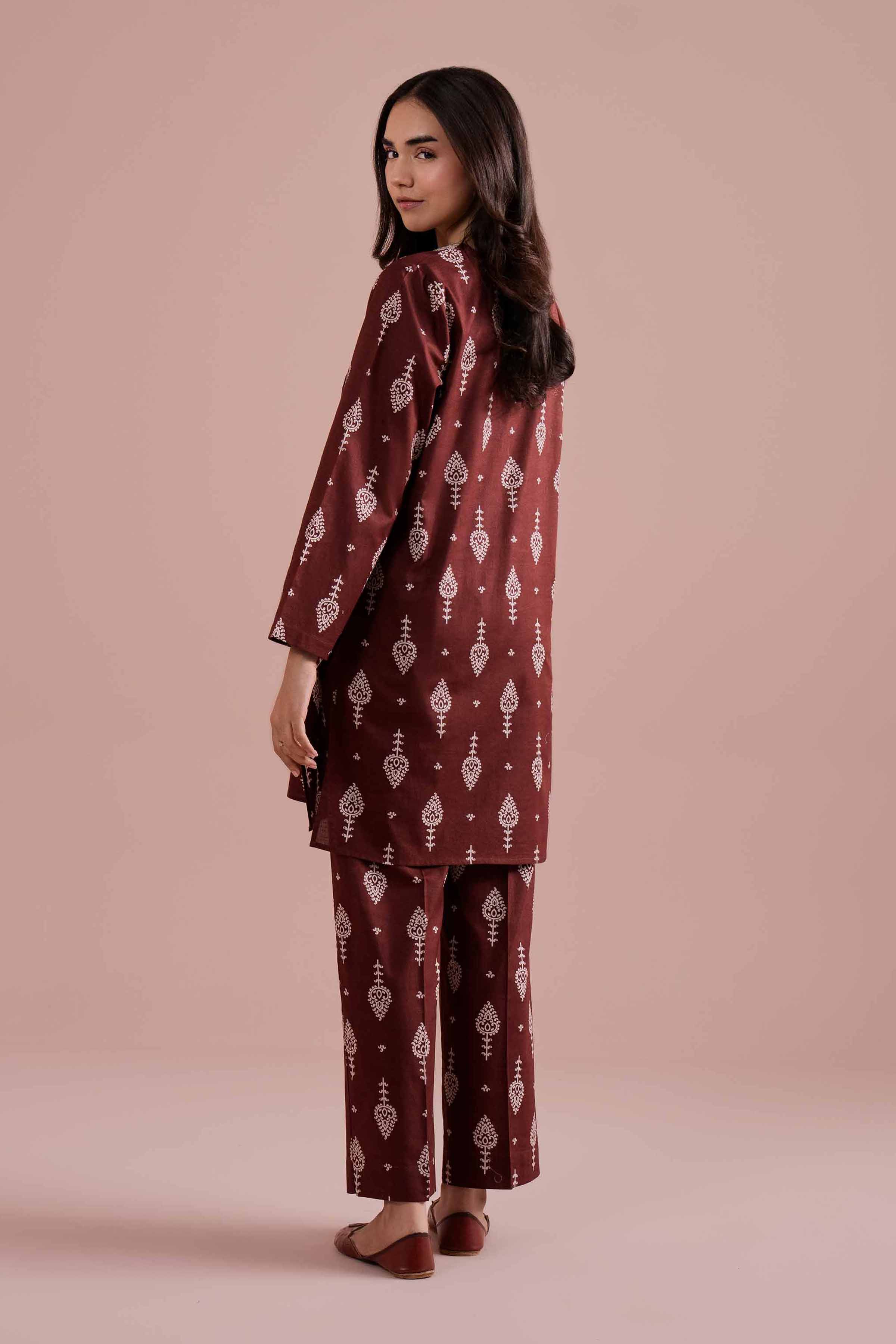 2 Piece - Printed Embroidered Suit - PE26-217 Brown Cambric 2PC Embroidered READY TO WEAR