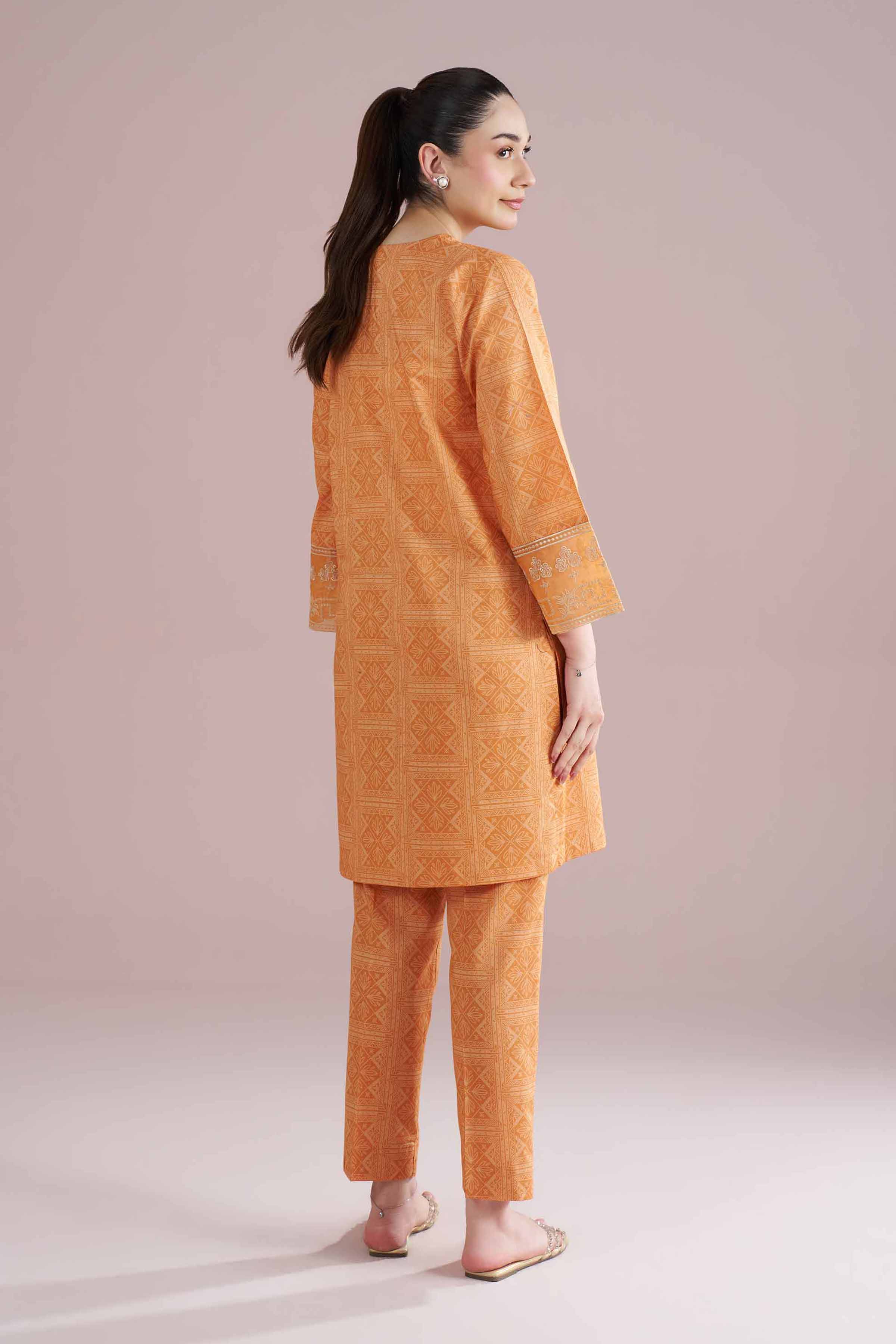 2 Piece - Printed Embroidered Suit - PE26-218 Orange Cambric 2PC Embroidered READY TO WEAR
