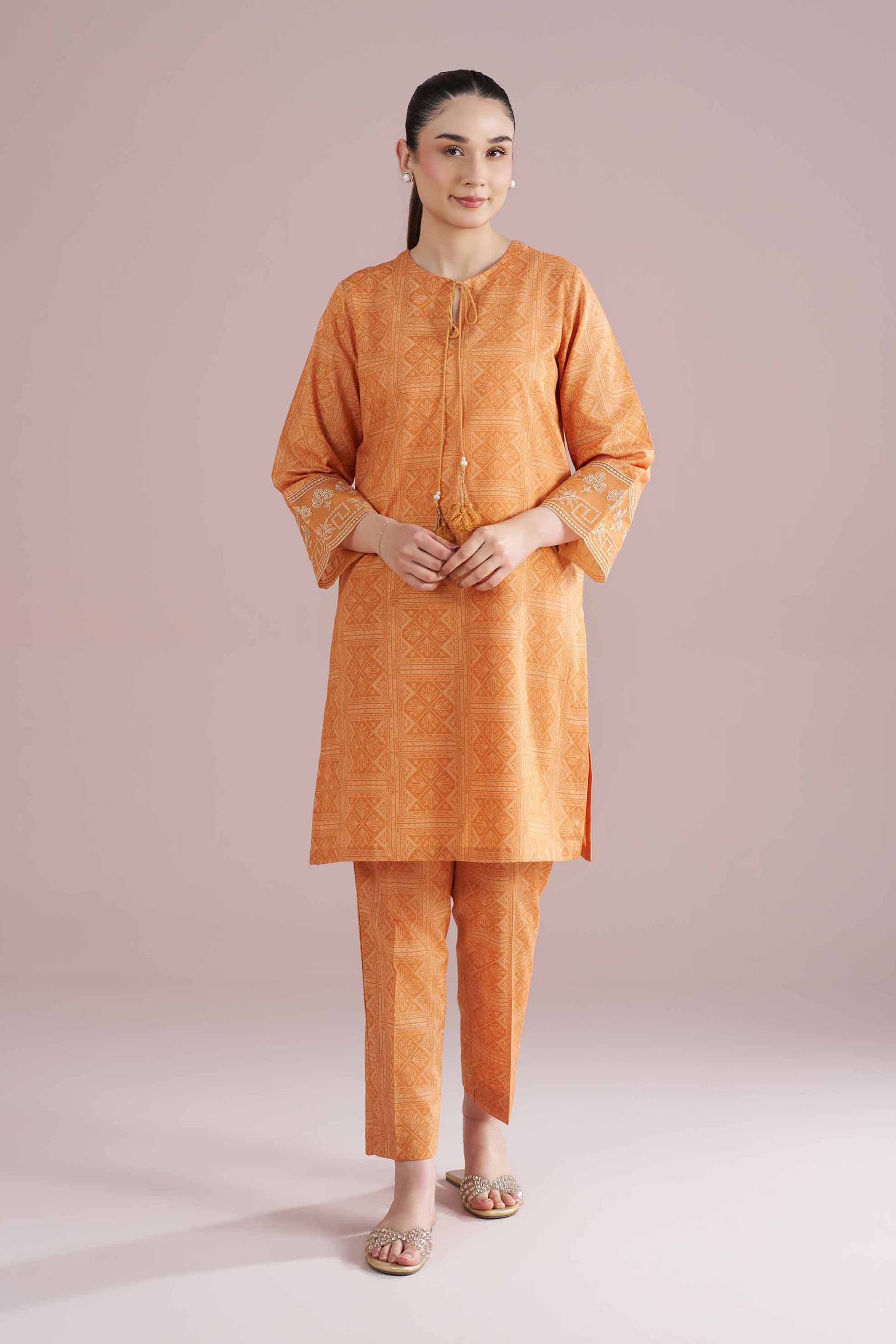 2 Piece - Printed Embroidered Suit - PE26-218 Orange Cambric 2PC Embroidered READY TO WEAR