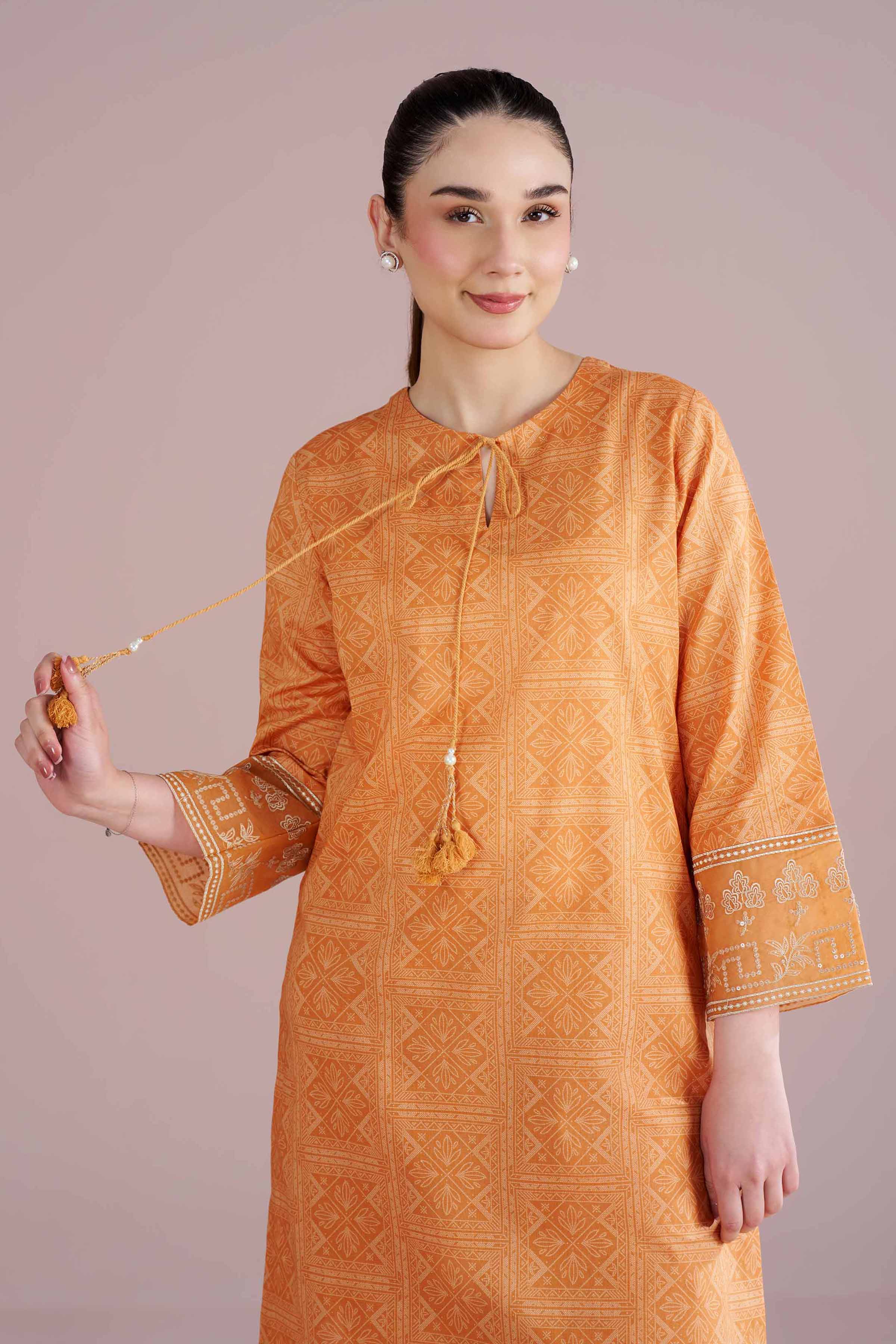 2 Piece - Printed Embroidered Suit - PE26-218 Orange Cambric 2PC Embroidered READY TO WEAR
