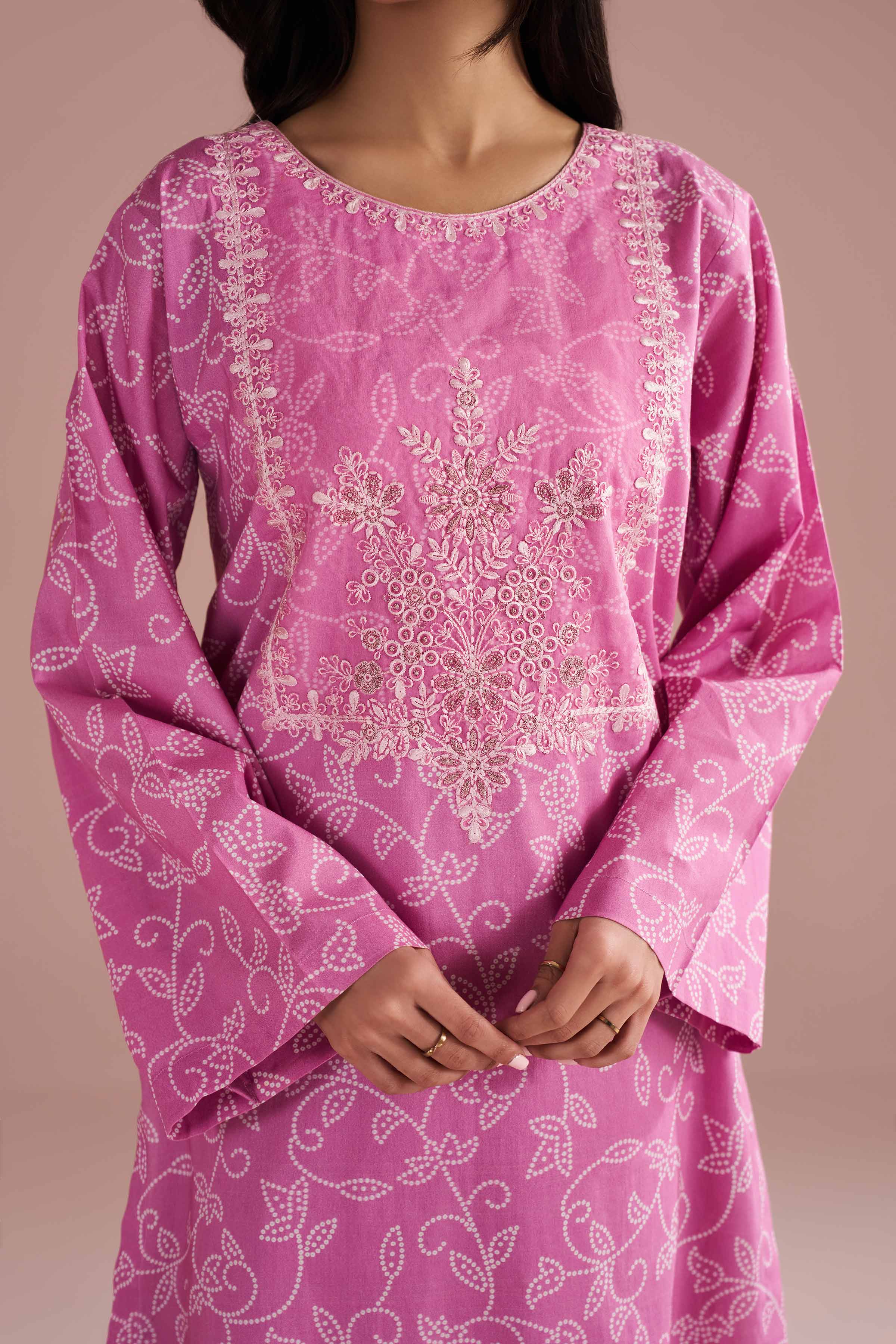2 Piece - Printed Embroidered Suit - PE26-219 Pink Cambric 2PC Embroidered READY TO WEAR