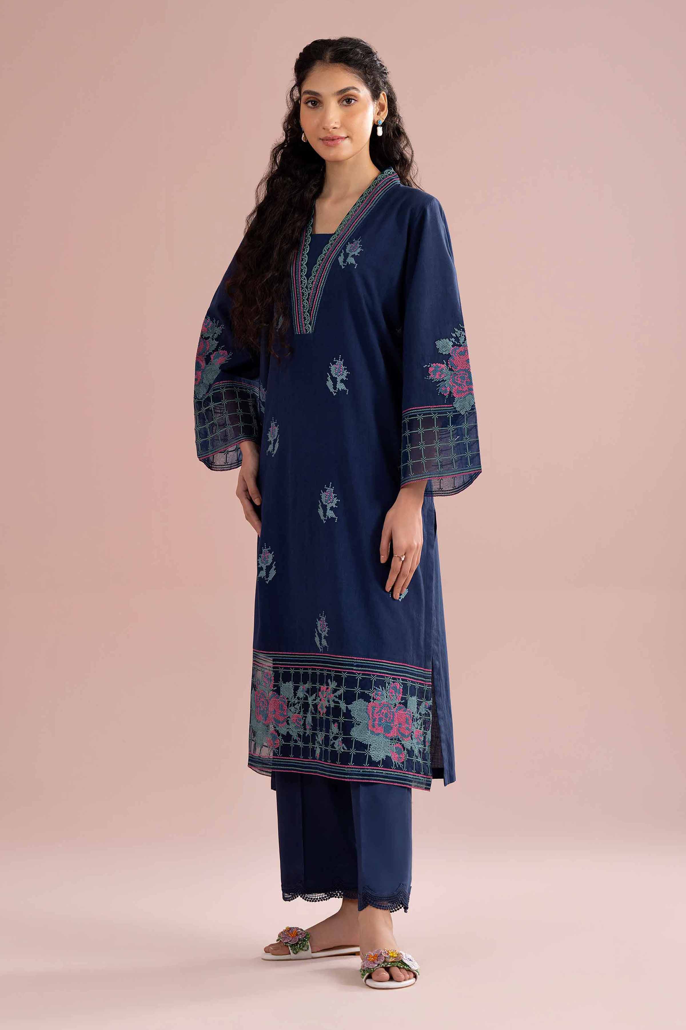2 Piece - Embroidered Suit - PE26-230 Blue Jacquard 2PC Embroidered READY TO WEAR