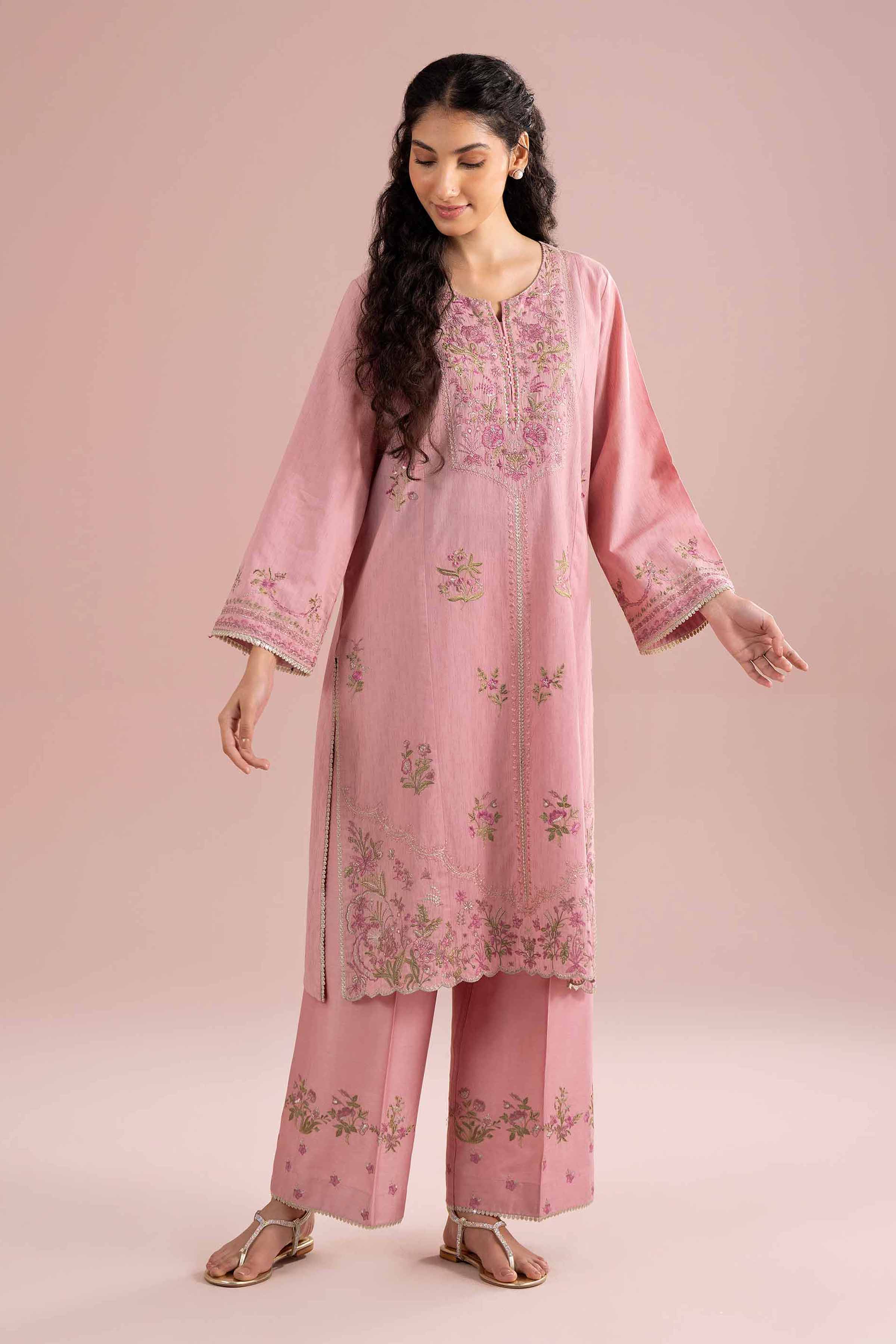 2 Piece - Embroidered Suit - PE26-231 Pink Jacquard 2PC Embroidered