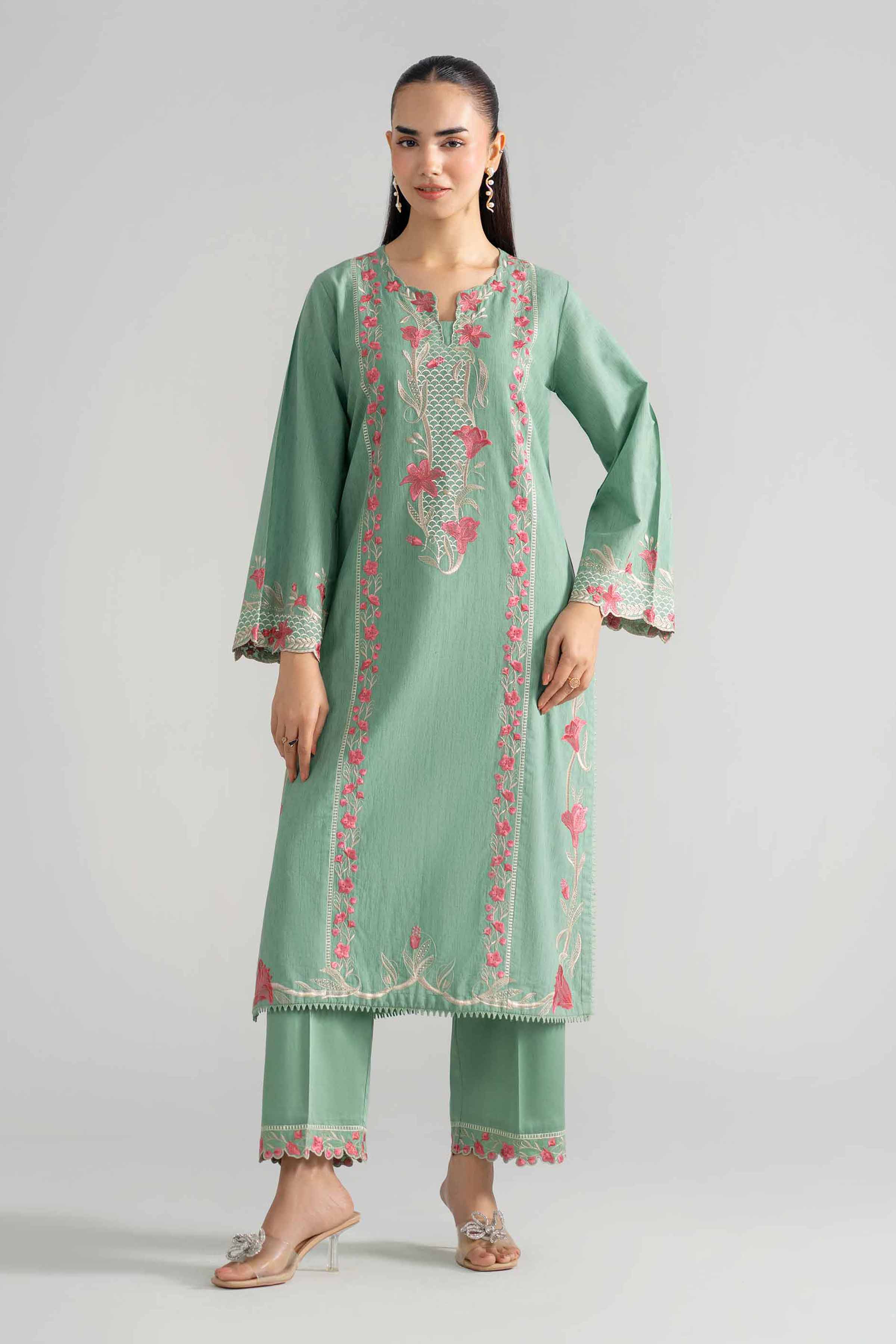 2 Piece - Embroidered Suit - PE26-234 Green Jacquard Embroidered A-Line shirt