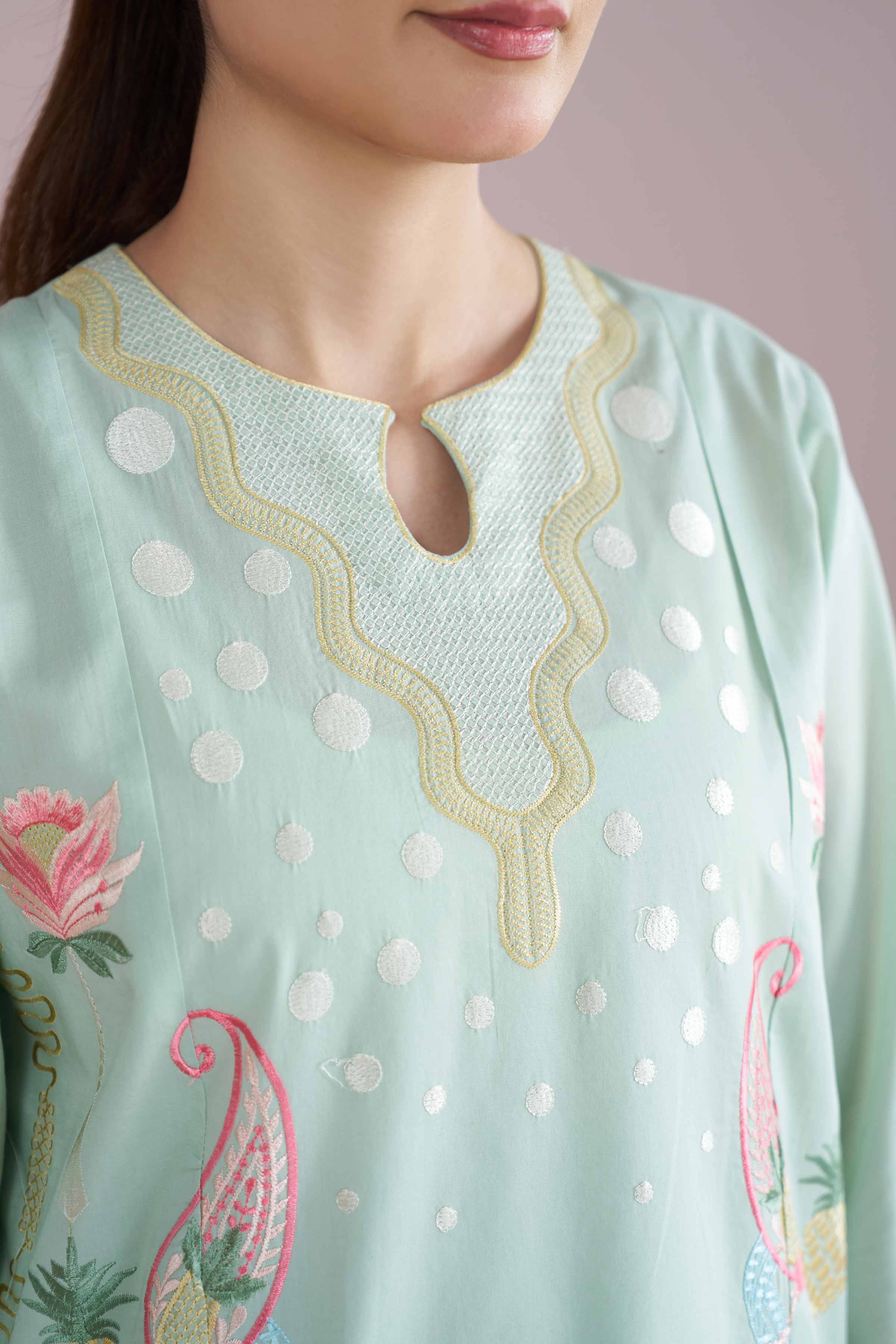 2 Piece - Embroidered Suit - PE26-235 Green Cambric 2PC Embroidered READY TO WEAR