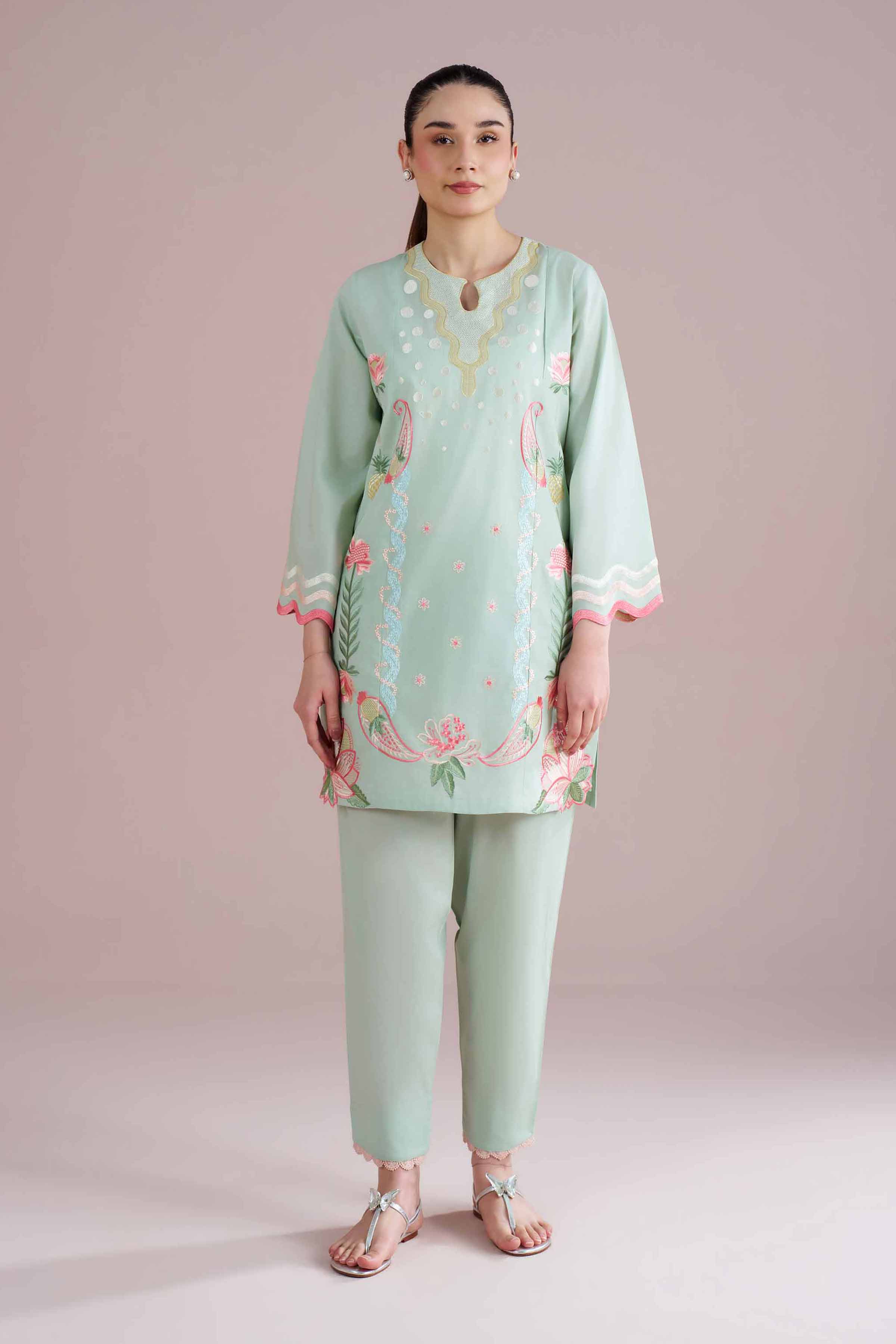 2 Piece - Embroidered Suit - PE26-235 Green Cambric 2PC Embroidered READY TO WEAR