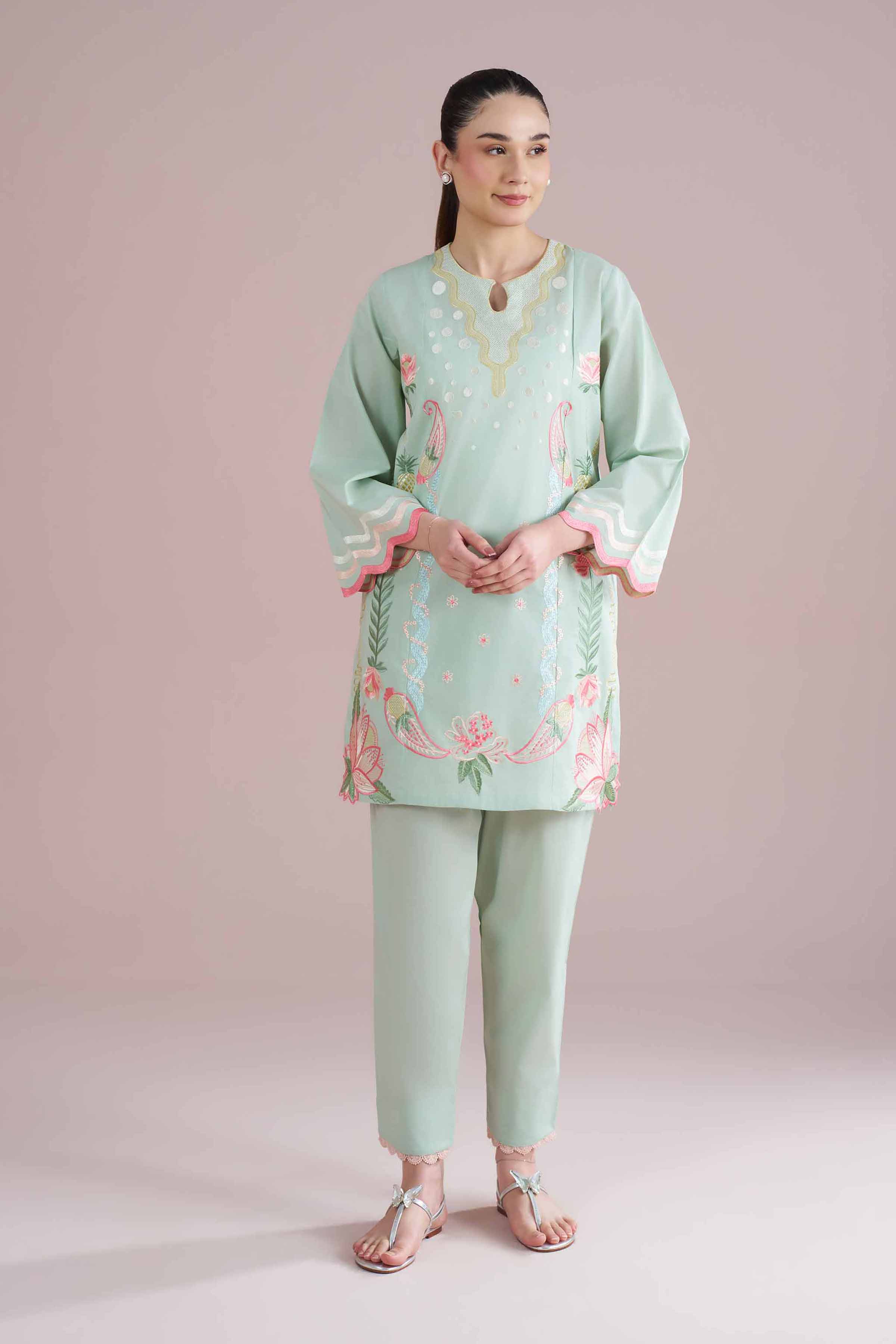 2 Piece - Embroidered Suit - PE26-235 Green Cambric 2PC Embroidered READY TO WEAR