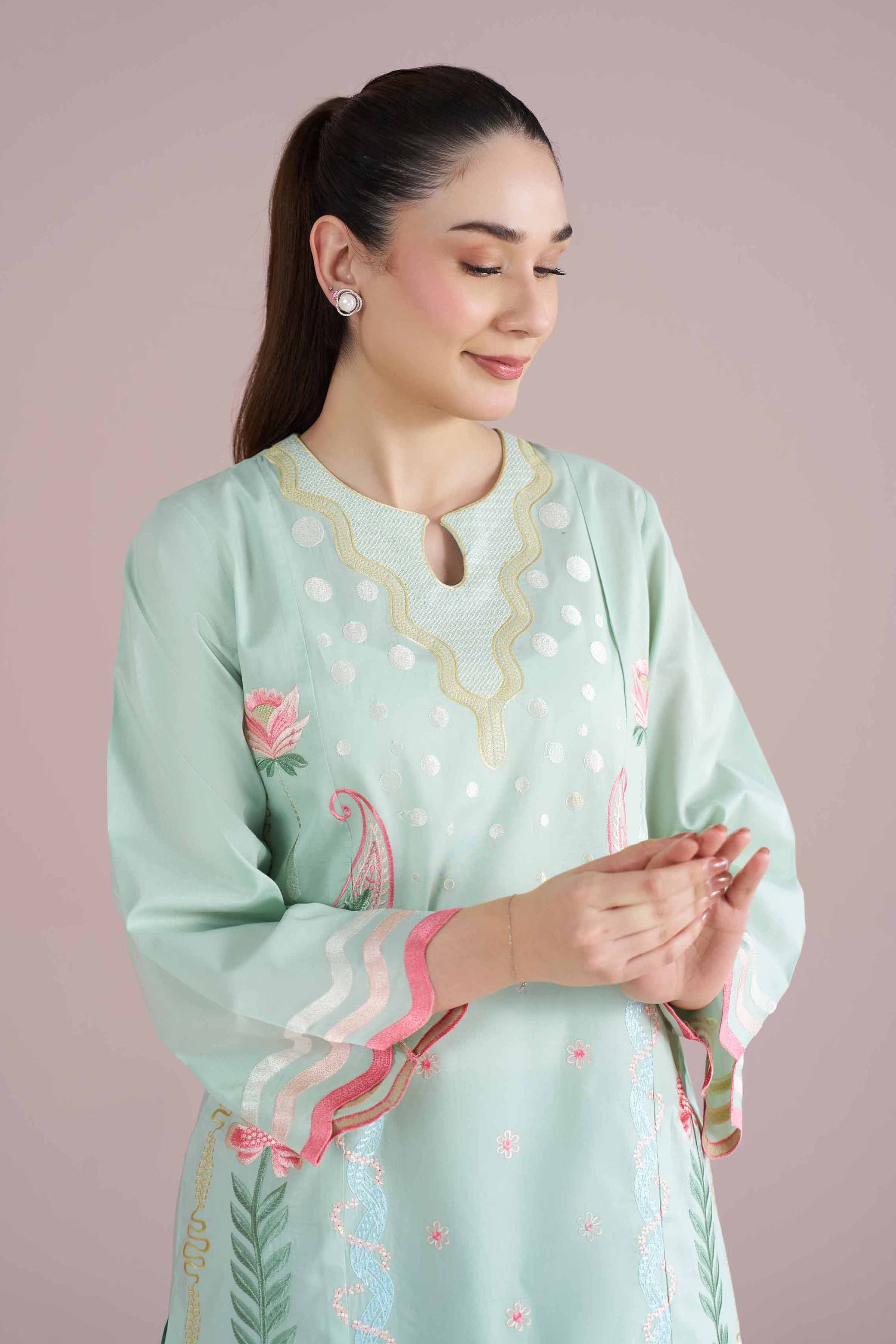 2 Piece - Embroidered Suit - PE26-235 Green Cambric 2PC Embroidered READY TO WEAR