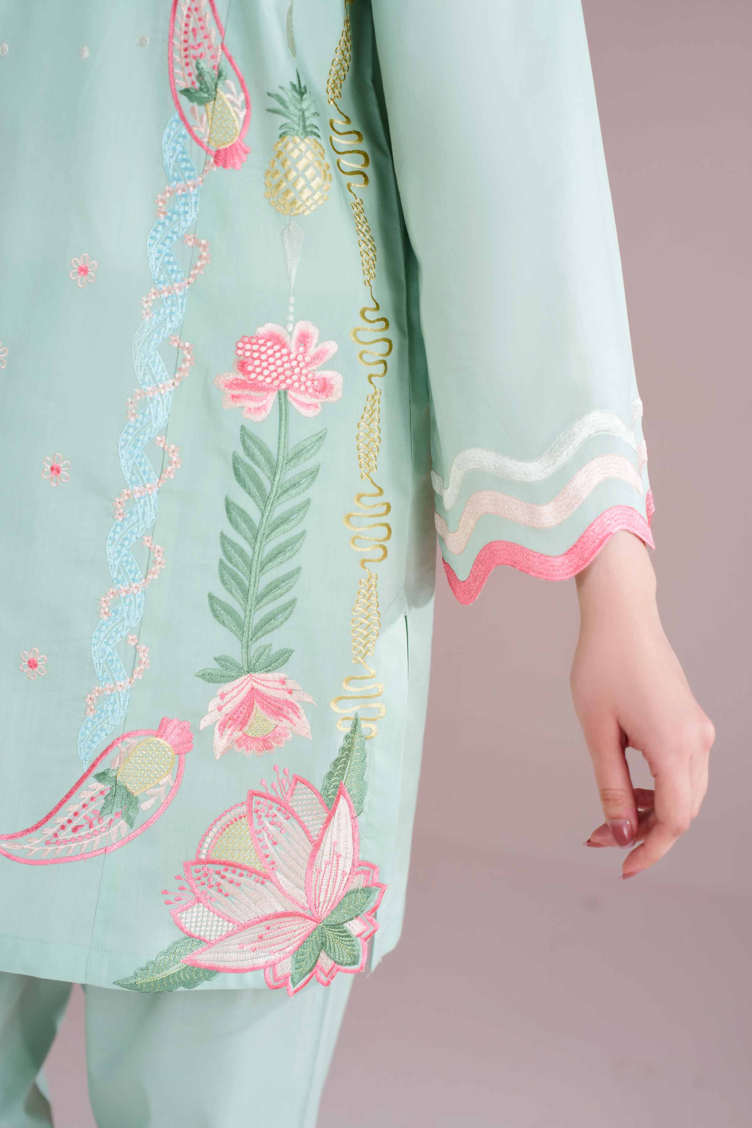 2 Piece - Embroidered Suit - PE26-235 Green Cambric 2PC Embroidered READY TO WEAR