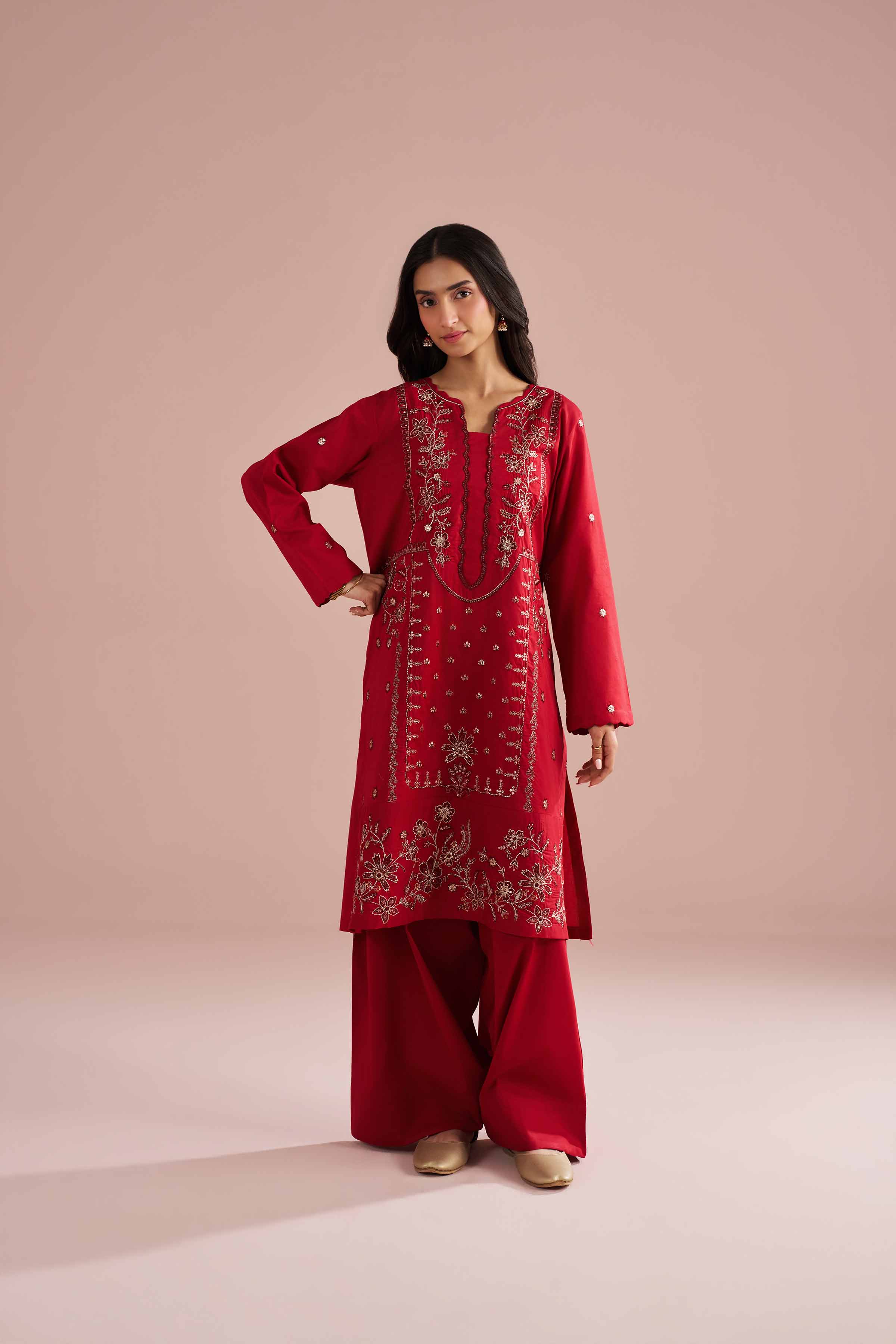 2 Piece - Embroidered Suit - PE26-237 Red Cambric 2PC Embroidered READY TO WEAR