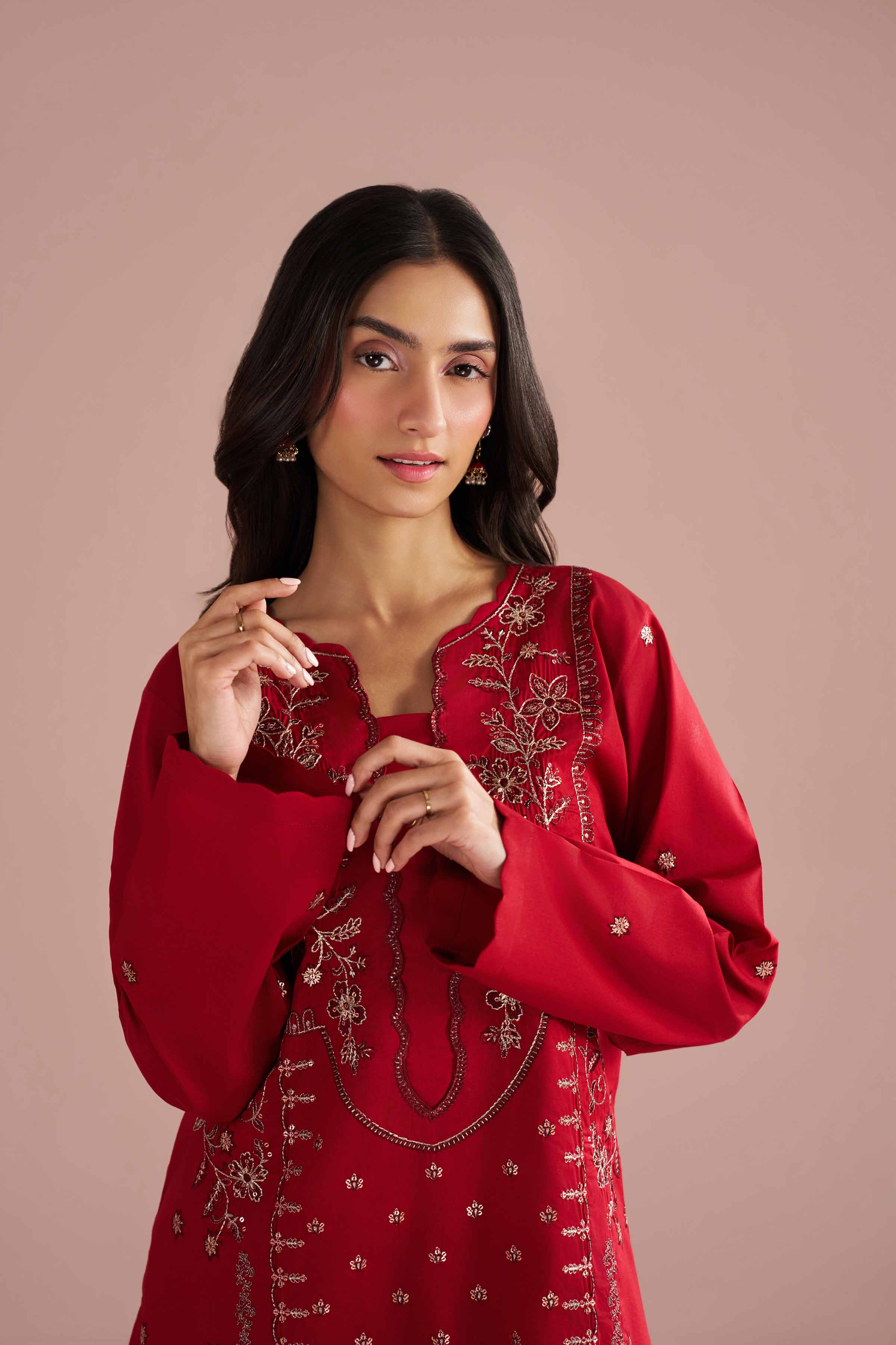 2 Piece - Embroidered Suit - PE26-237 Red Cambric 2PC Embroidered READY TO WEAR