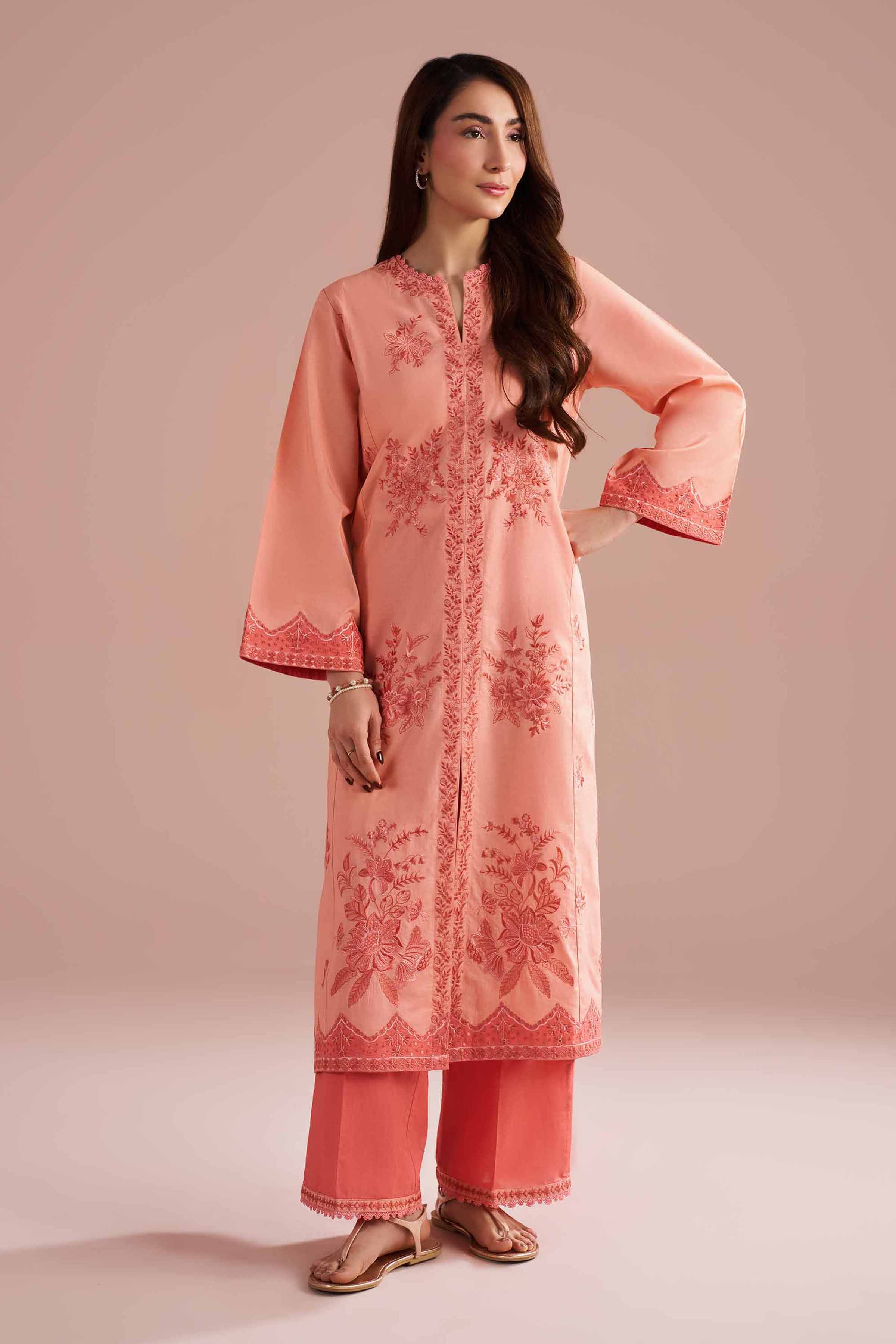 2 Piece - Embroidered Suit - PE26-240 Peach Cambric 2PC Embroidered