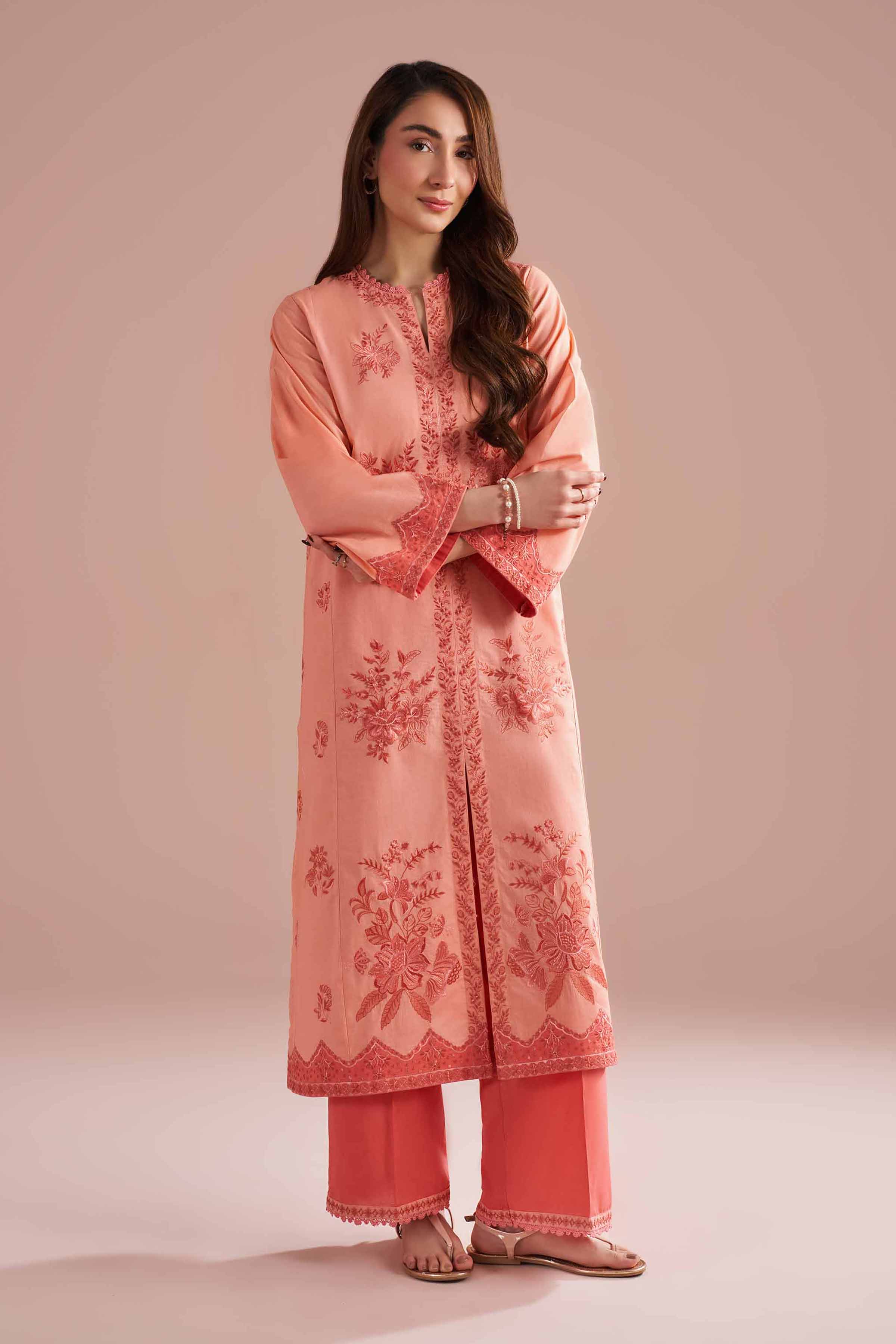 2 Piece - Embroidered Suit - PE26-240 Peach Cambric 2PC Embroidered