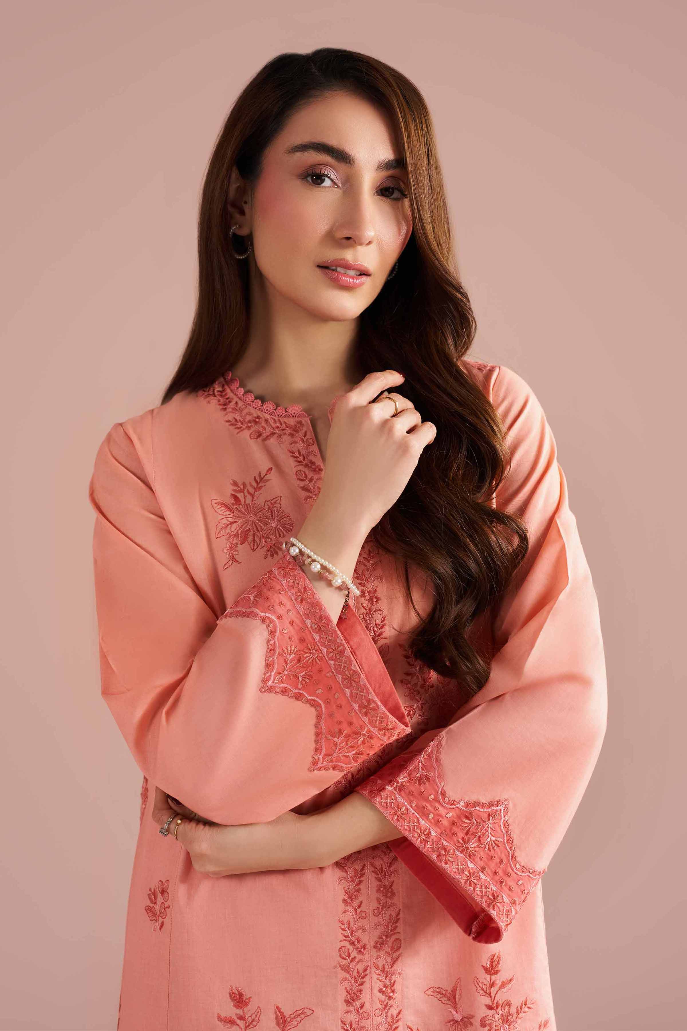 2 Piece - Embroidered Suit - PE26-240 Peach Cambric 2PC Embroidered