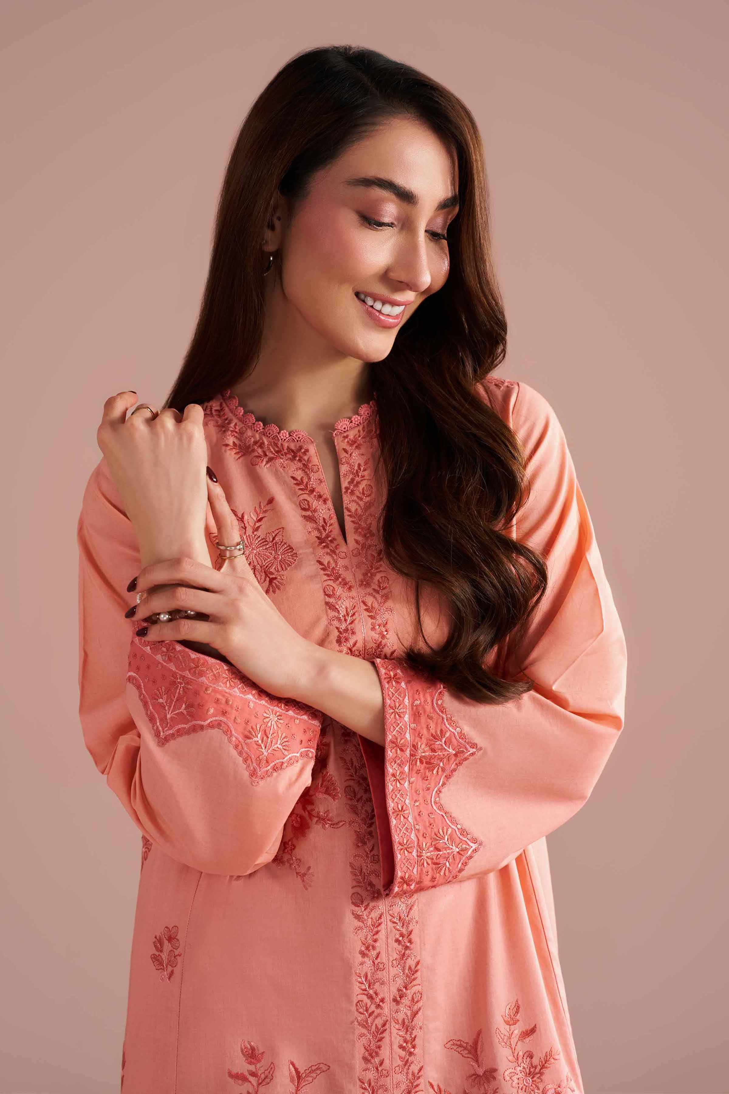 2 Piece - Embroidered Suit - PE26-240 Peach Cambric 2PC Embroidered