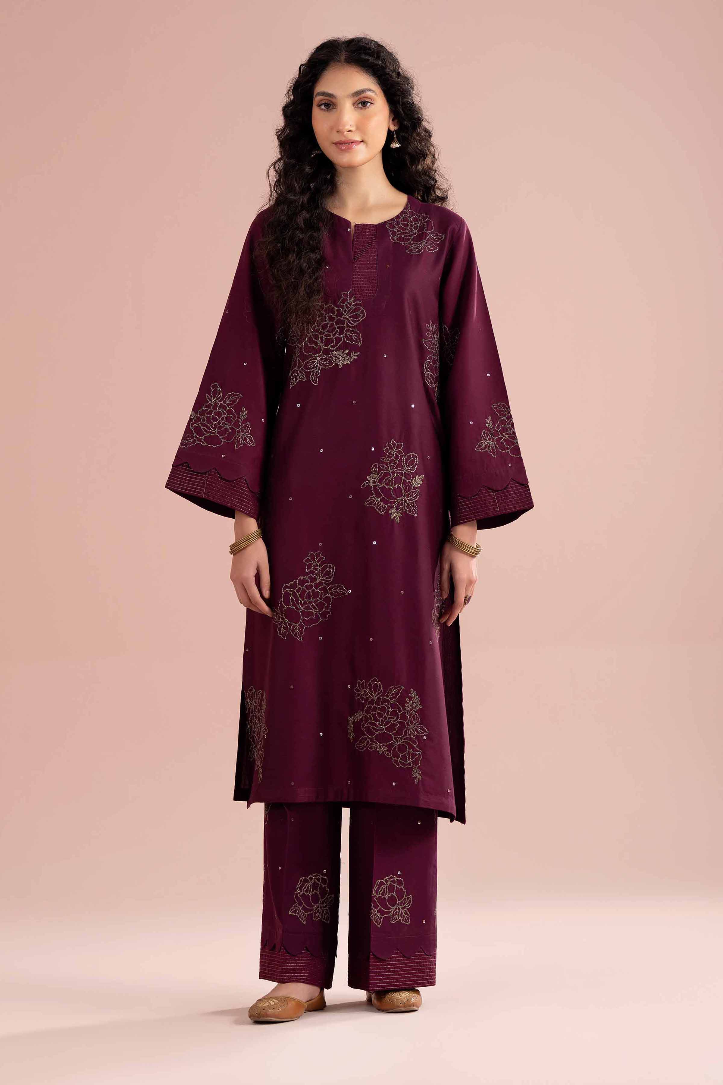 2 Piece - Embroidered Suit - PE26-245 Purple Cotton 2PC Embroidered READY TO WEAR