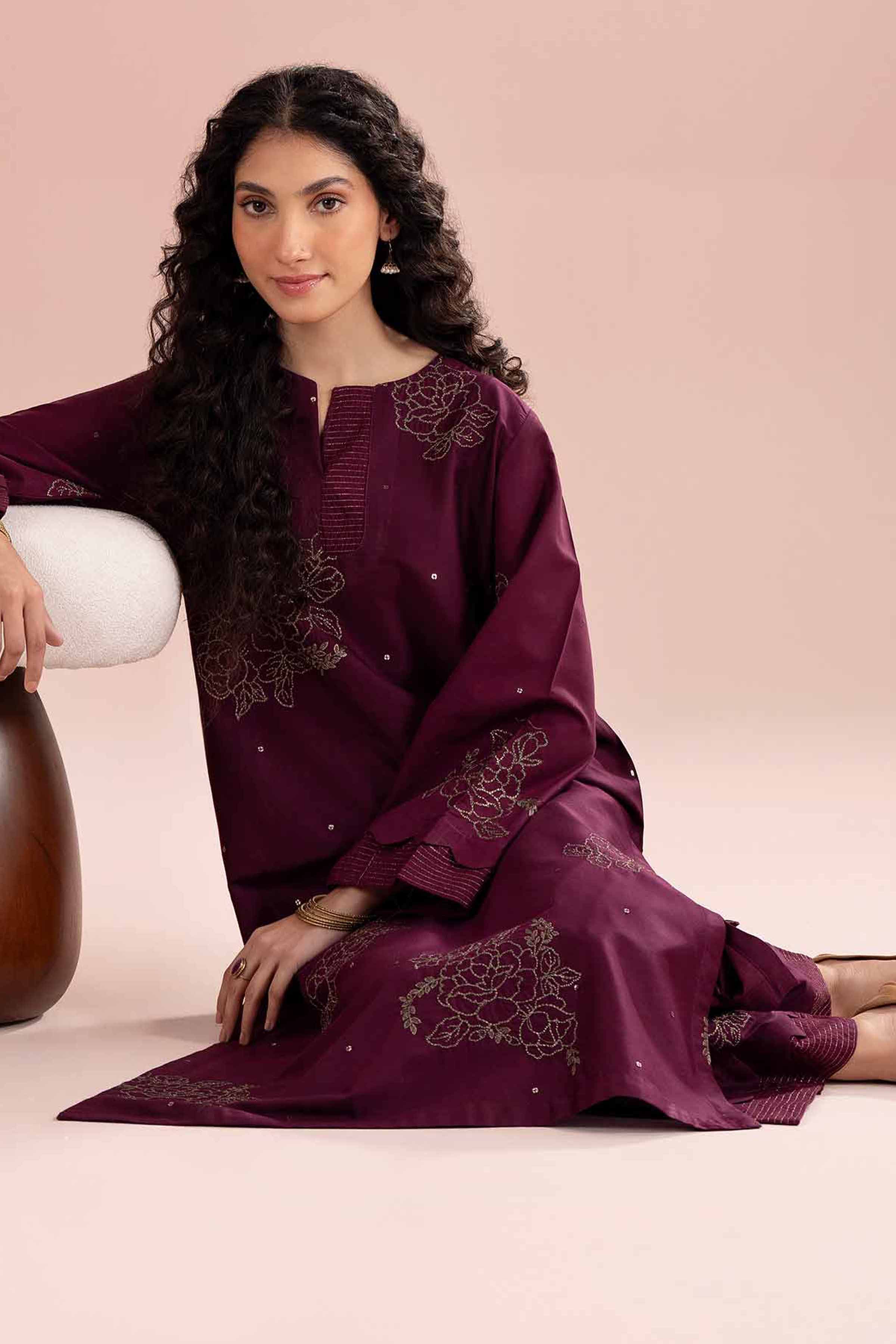 2 Piece - Embroidered Suit - PE26-245 Purple Cotton 2PC Embroidered READY TO WEAR