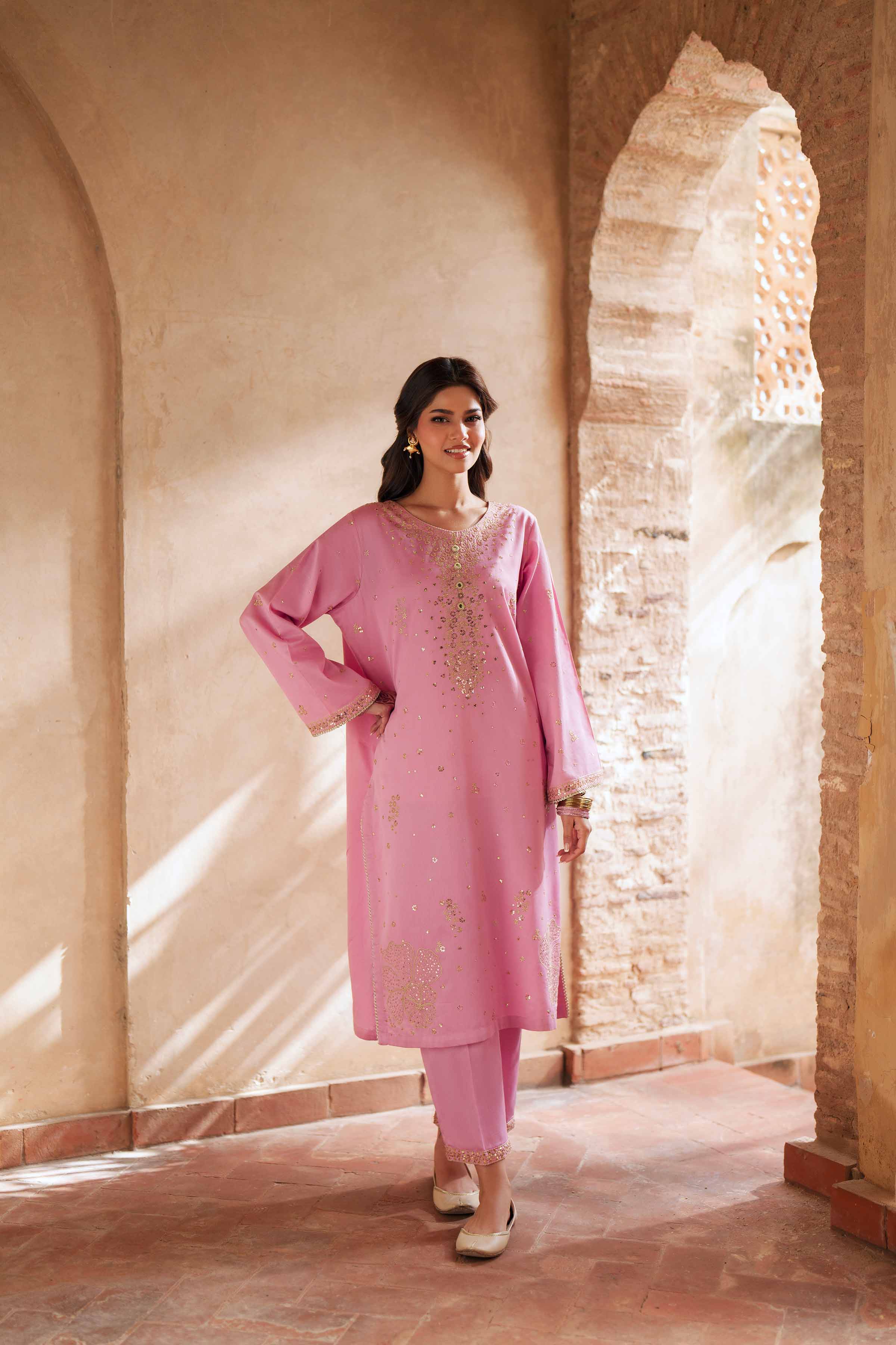 2 Piece - Embroidered Suit - PE26-248 Pink Cotton 2PC Embroidered READY TO WEAR