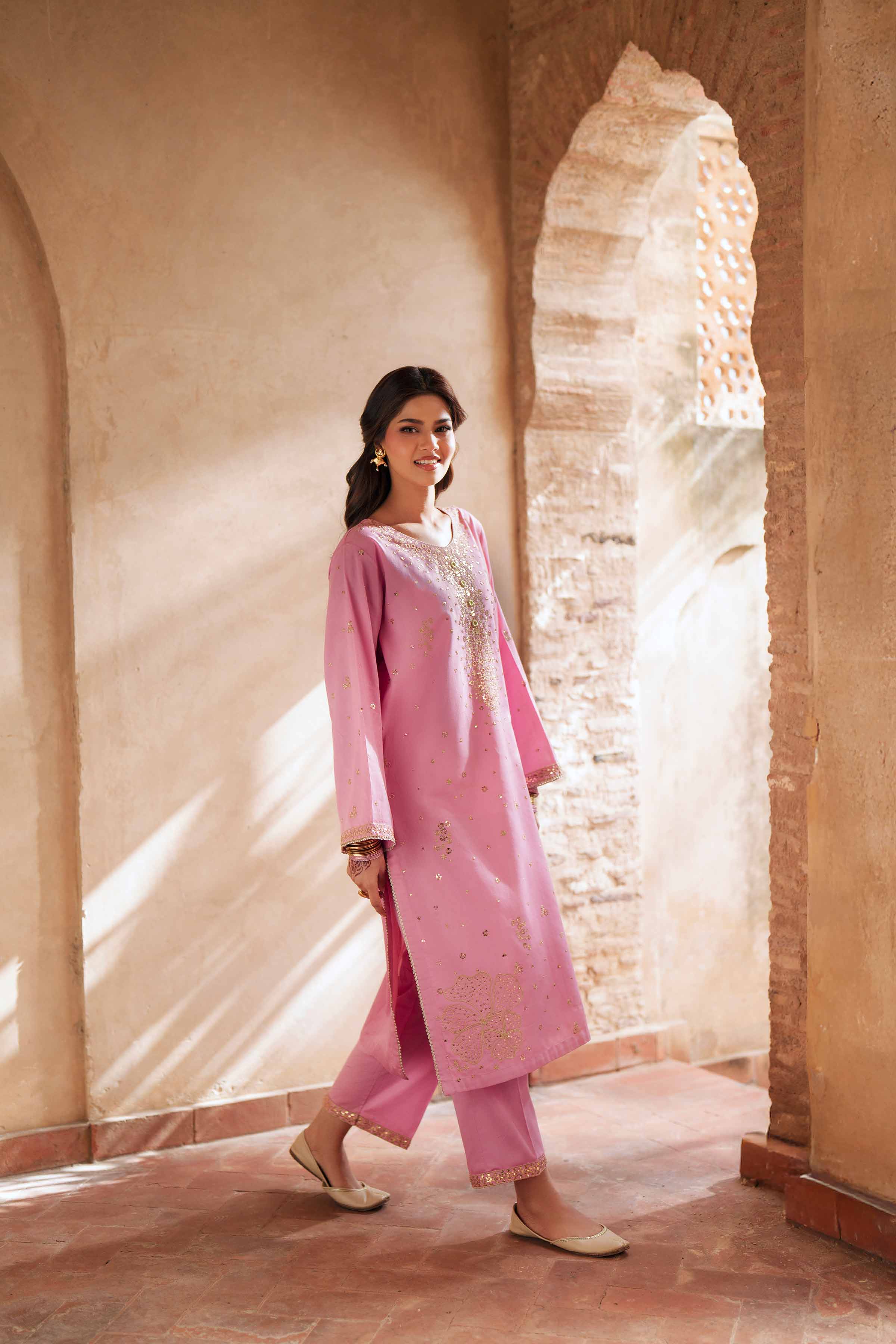 2 Piece - Embroidered Suit - PE26-248 Pink Cotton 2PC Embroidered READY TO WEAR