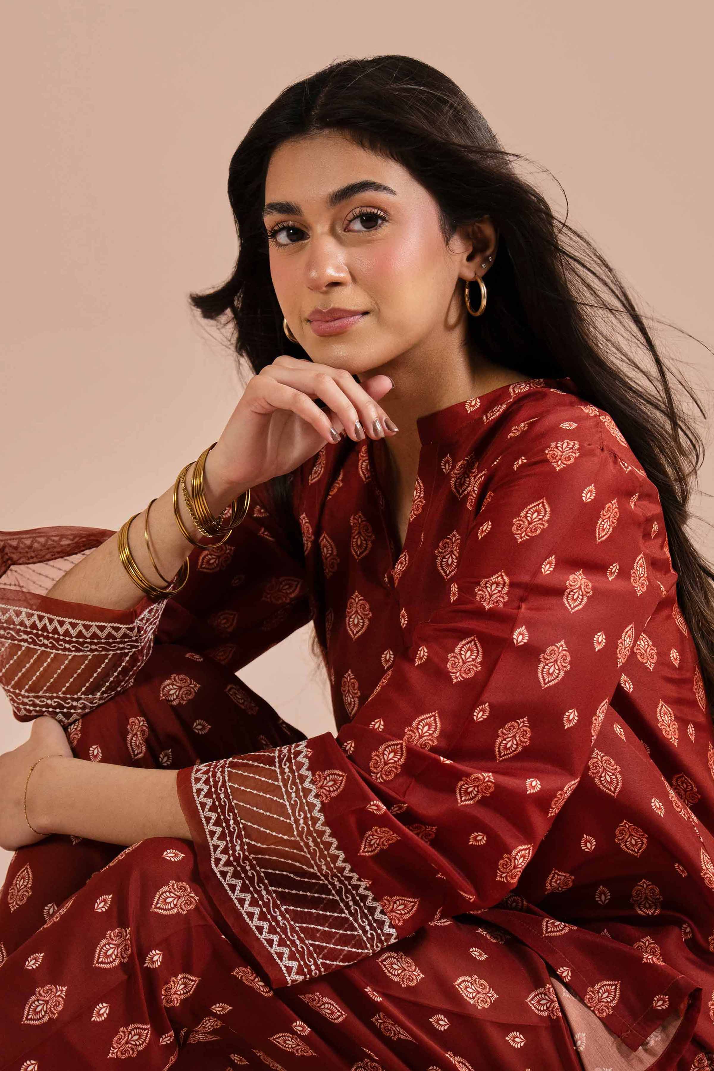 2 Piece - Printed Embroidered Suit - PE26-26 NishatUAE Brown Lawn 2PC Embroidered Ready To Wear