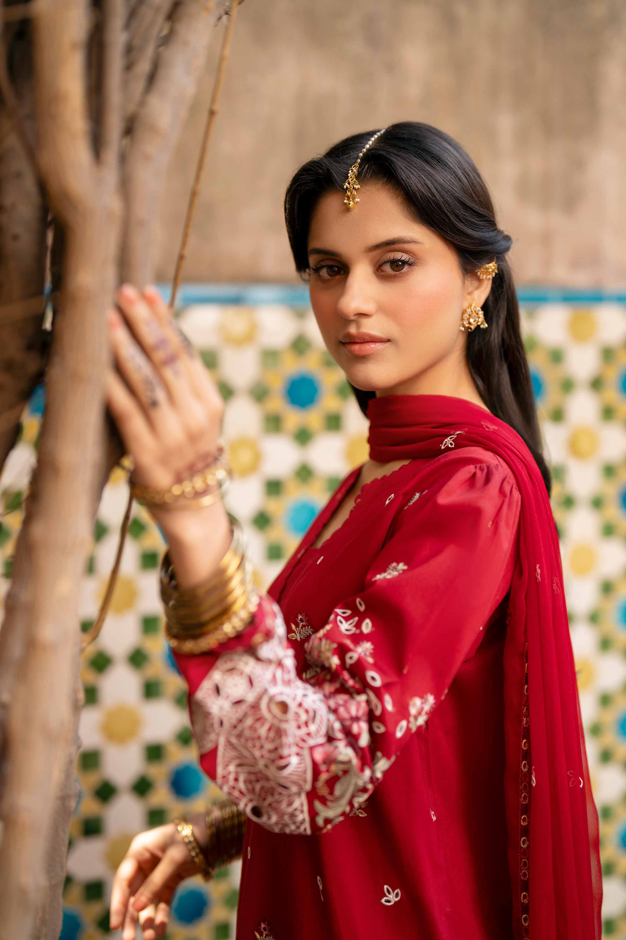 3 Piece - Embroidered Suit - PE26-293 Red Cambric 3PC Embroidered READY TO WEAR