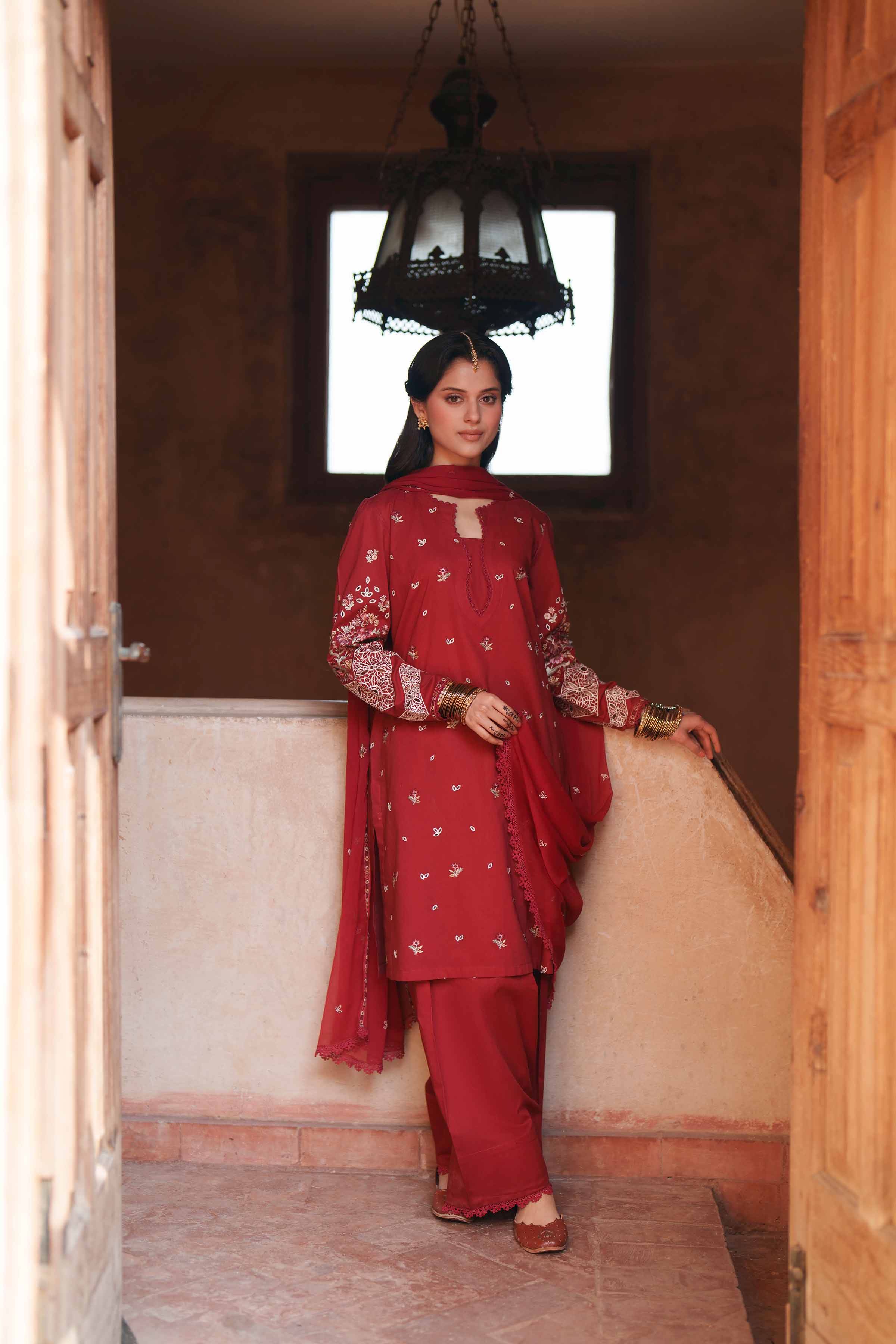3 Piece - Embroidered Suit - PE26-293 Red Cambric 3PC Embroidered READY TO WEAR