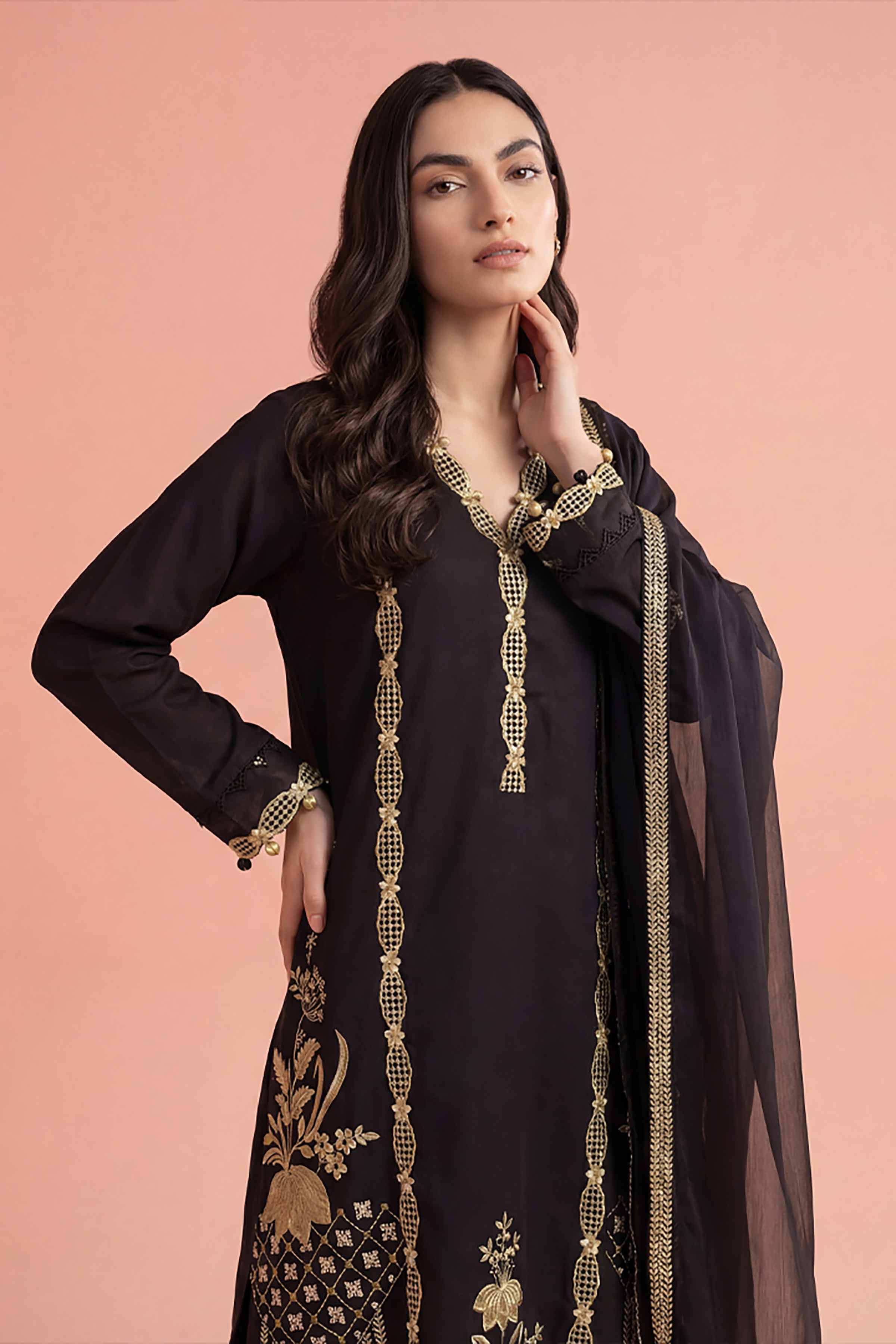 3 Piece - Embroidered Suit - PE26-294 Ready To Wear Black Cambric 3PC Embroidered