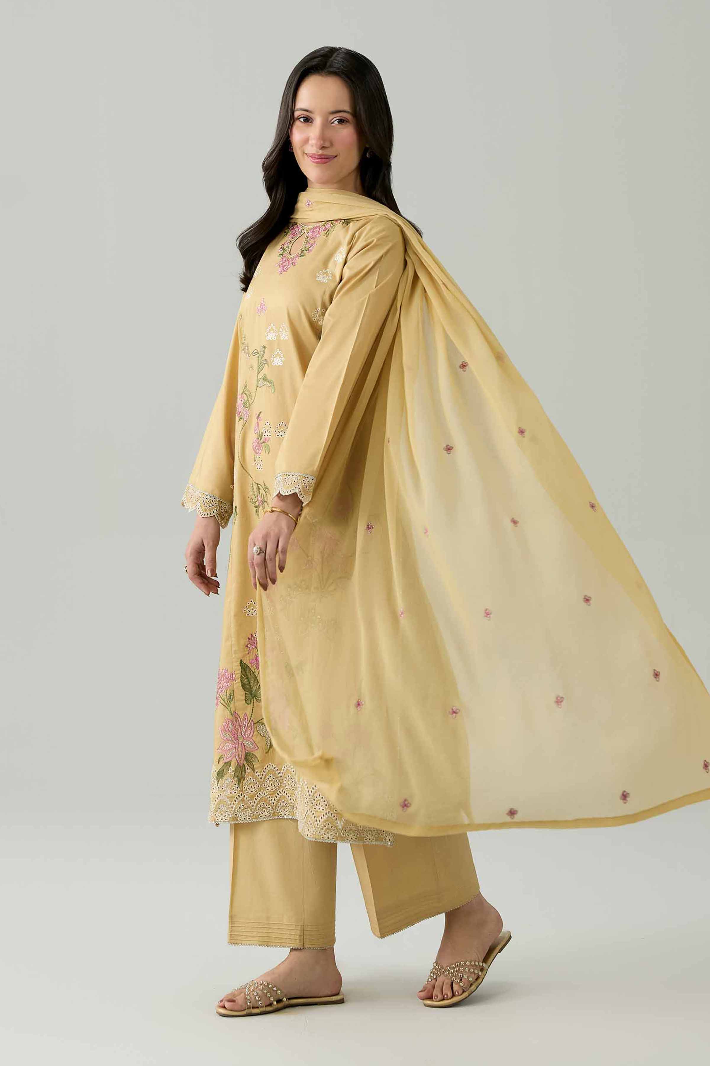 3 Piece - Embroidered Suit - PE26-295 Beige Cambric 3PC Embroidered Ready To Wear