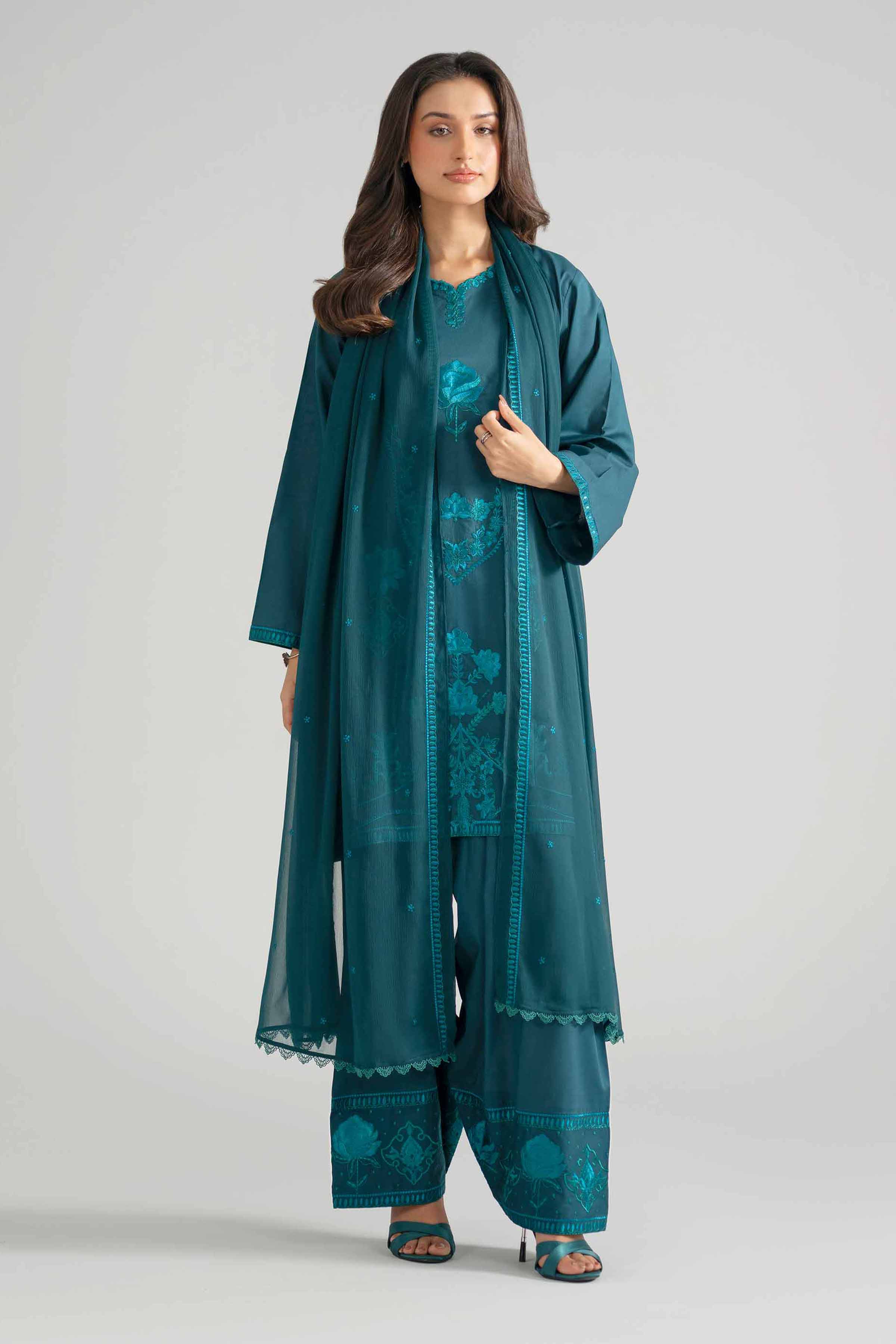 3 Piece - Embroidered Suit - PE26-301 Green Cambric Embroidered Straight shirt