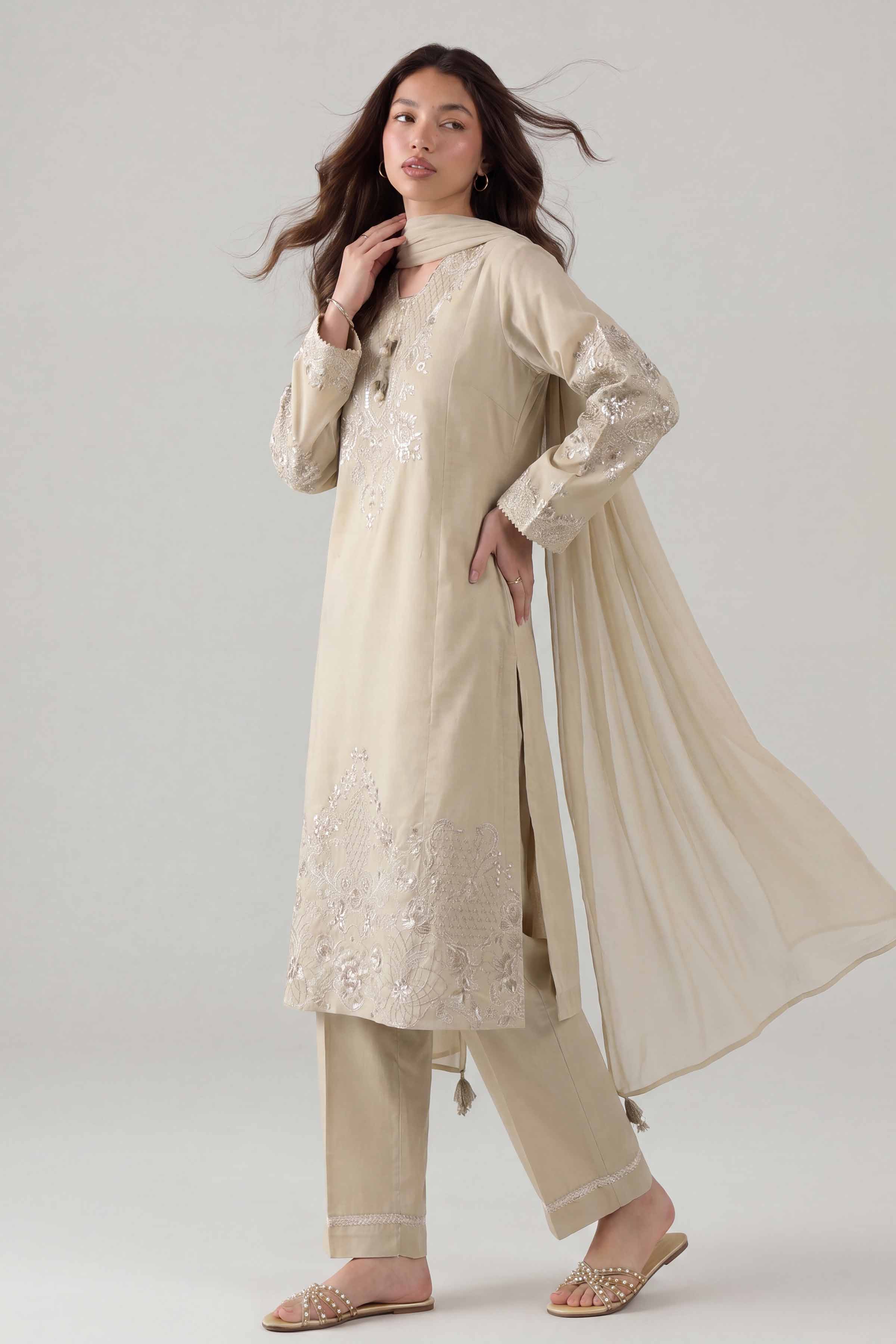 3 Piece - Embroidered Suit - PE26-302 Beige Cambric 3PC Embroidered Ready To Wear