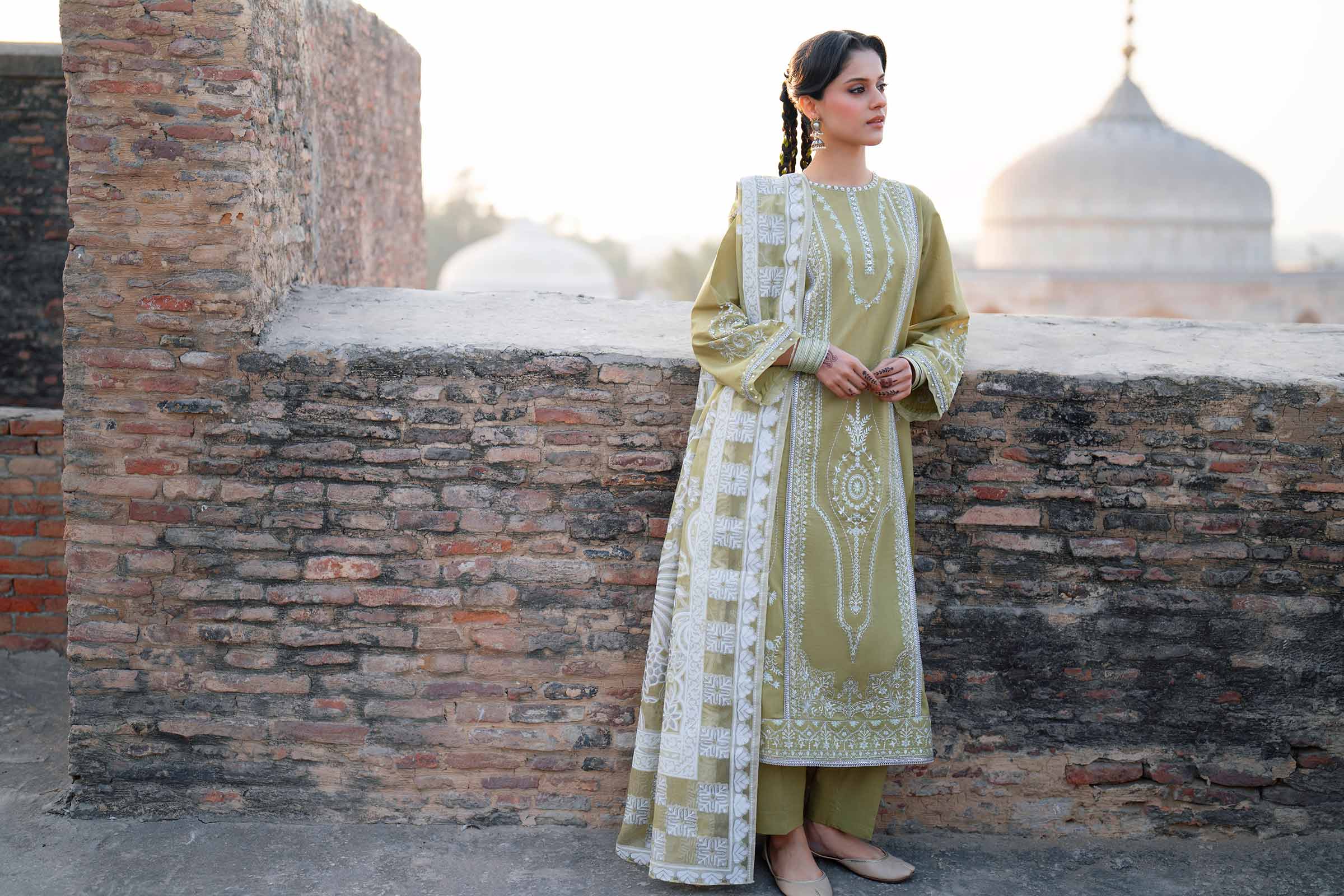 3 Piece - Embroidered Suit - PE26-314 Green Cross Hatch 3PC Embroidered READY TO WEAR