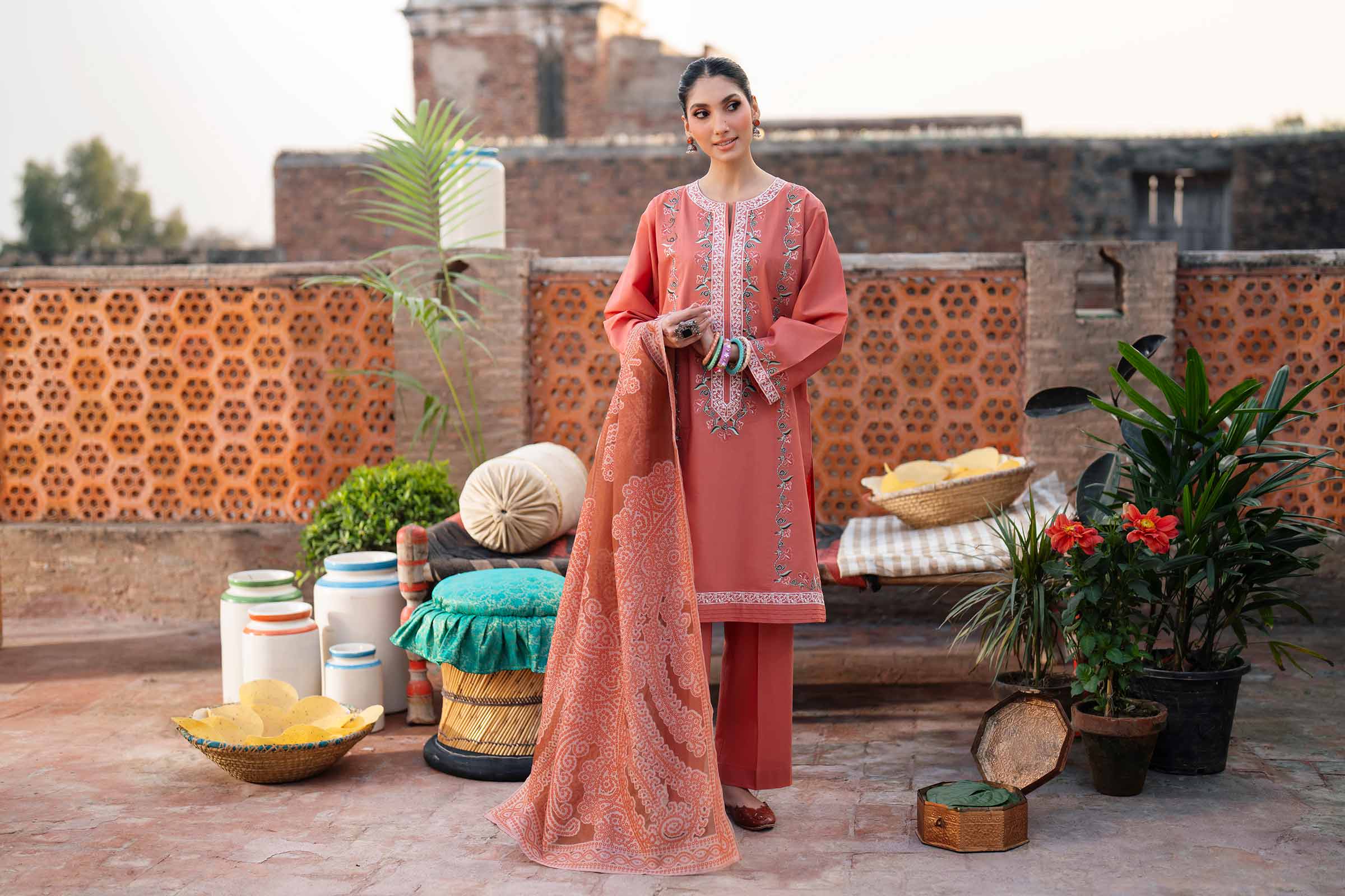 3 Piece - Embroidered Suit - PE26-317 Orange Cross Hatch 3PC Embroidered