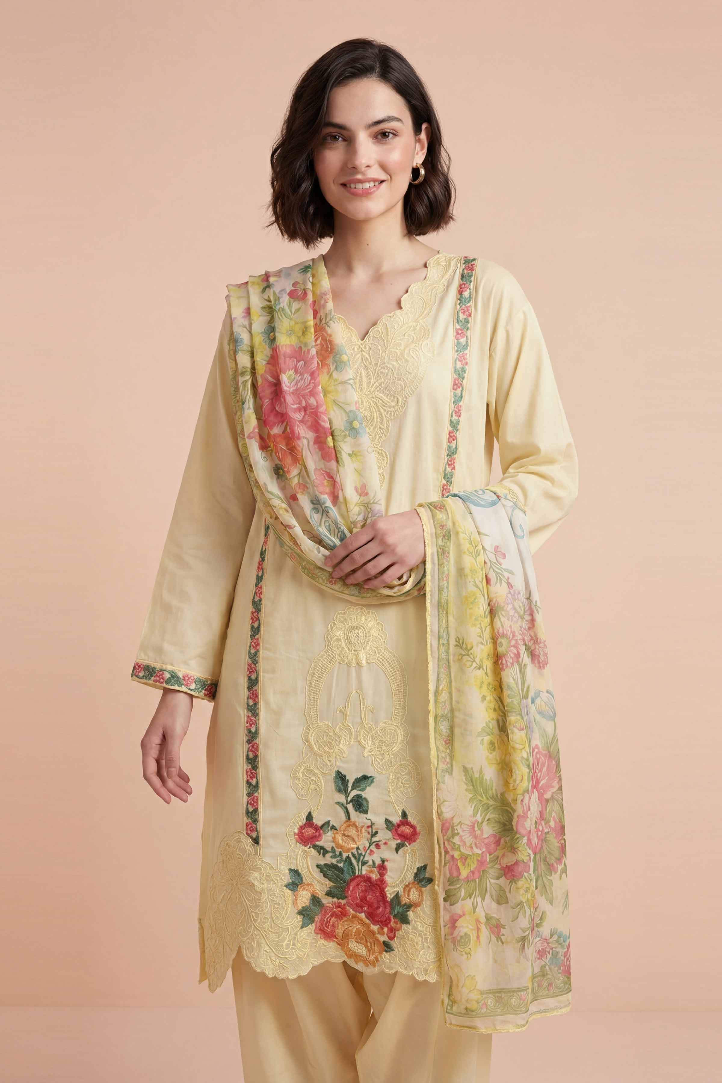 3 Piece - Embroidered Suit - PE26-318 Yellow Cotton 3PC Embroidered