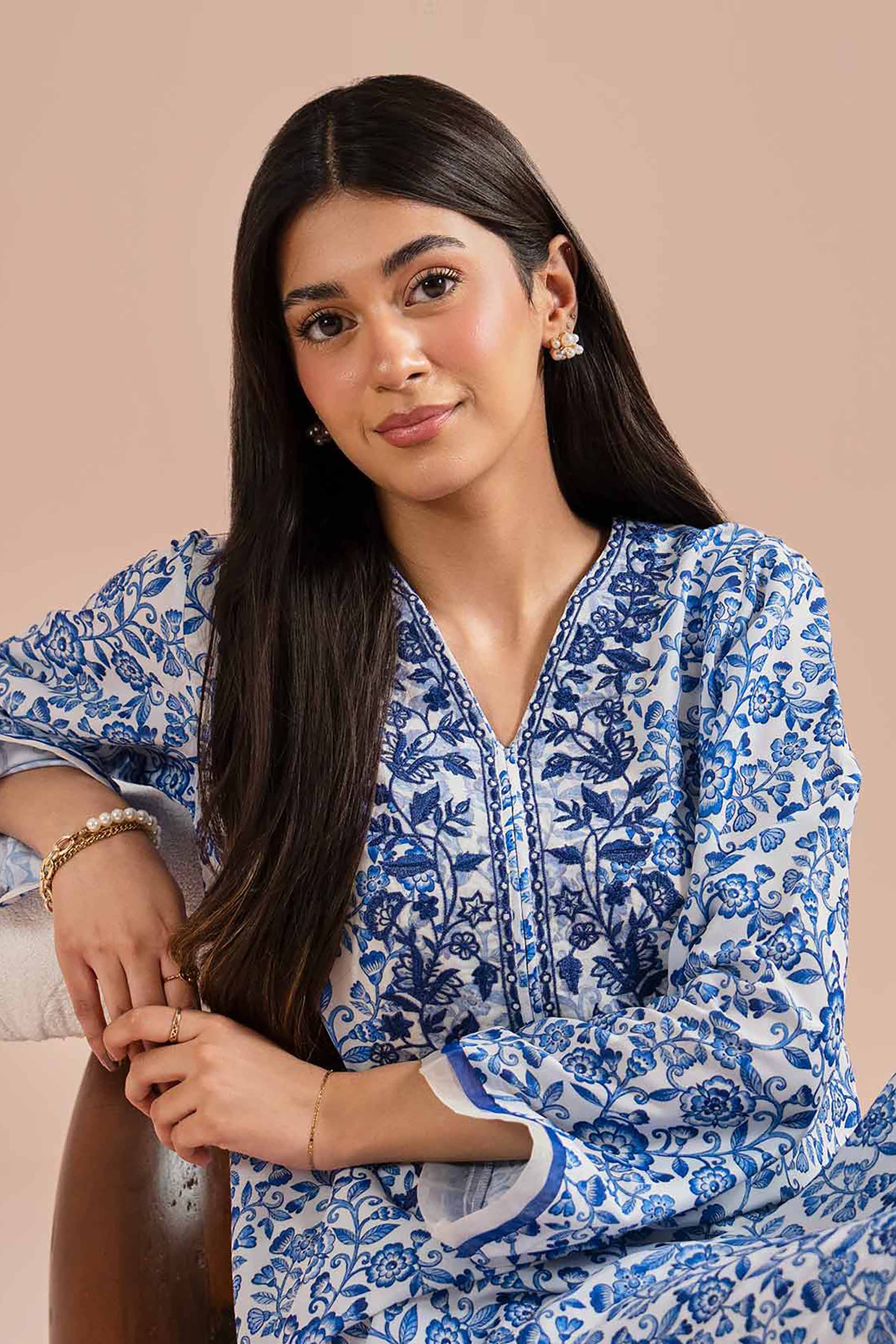 2 Piece - Printed Embroidered Suit - PE26-32 NishatUAE Blue Lawn 2PC Embroidered Ready To Wear