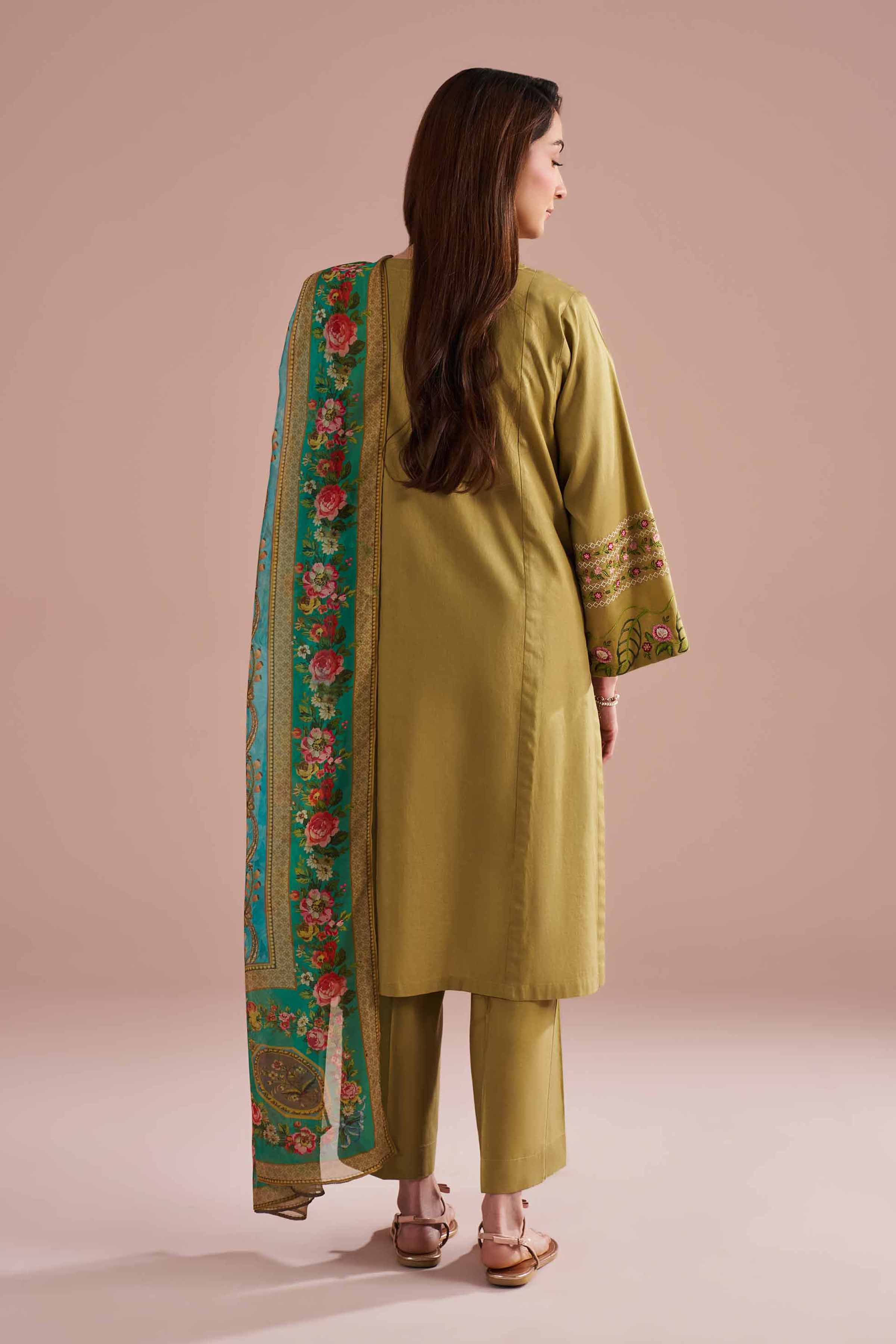 3 Piece - Embroidered Suit - PE26-321 Green Cotton 3PC Embroidered READY TO WEAR