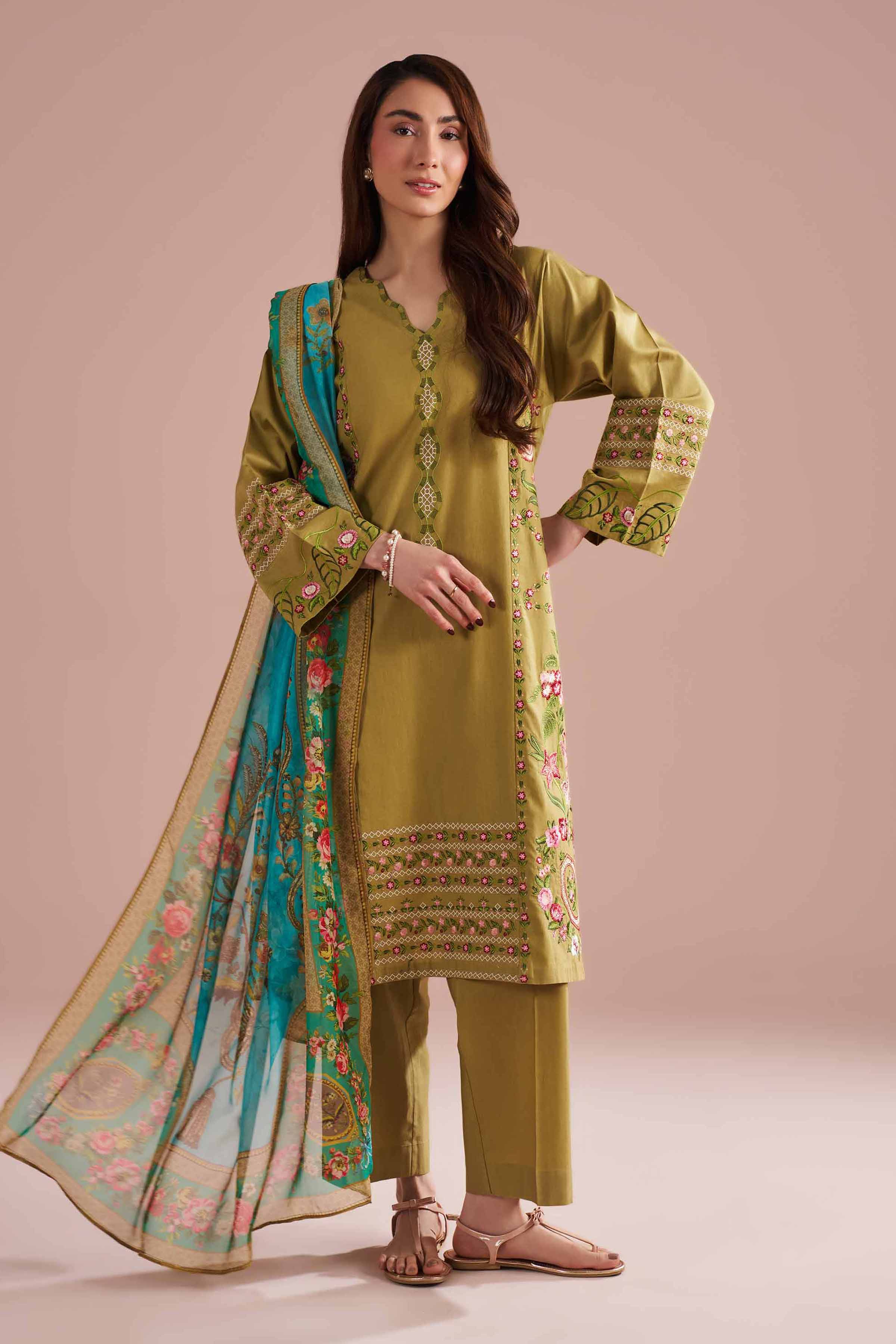 3 Piece - Embroidered Suit - PE26-321 Green Cotton 3PC Embroidered READY TO WEAR